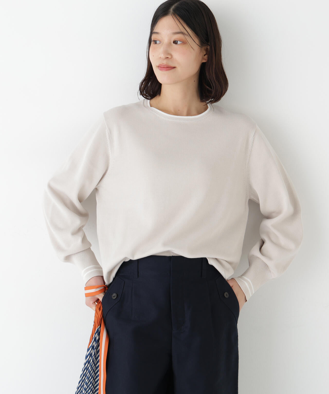 ≪オーガニックコットン混 / 洗える≫ライン入りニットプルオーバー
