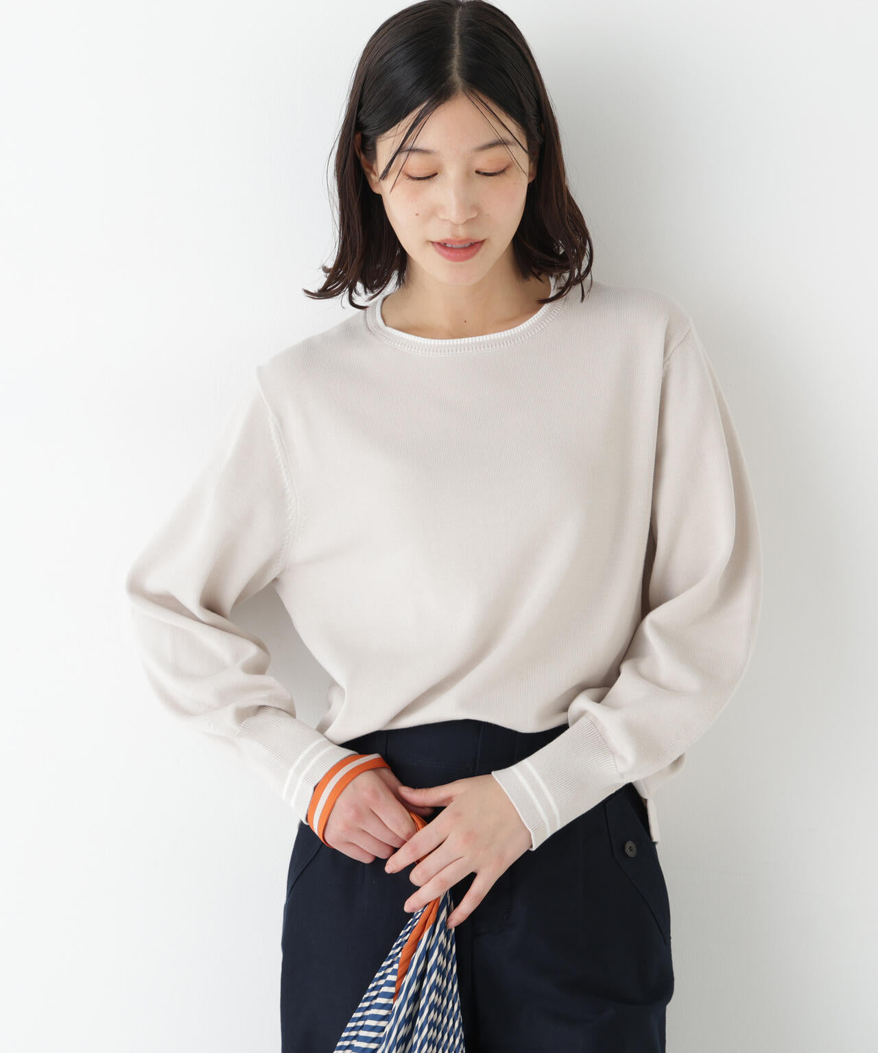 ≪オーガニックコットン混 / 洗える≫ライン入りニットプルオーバー