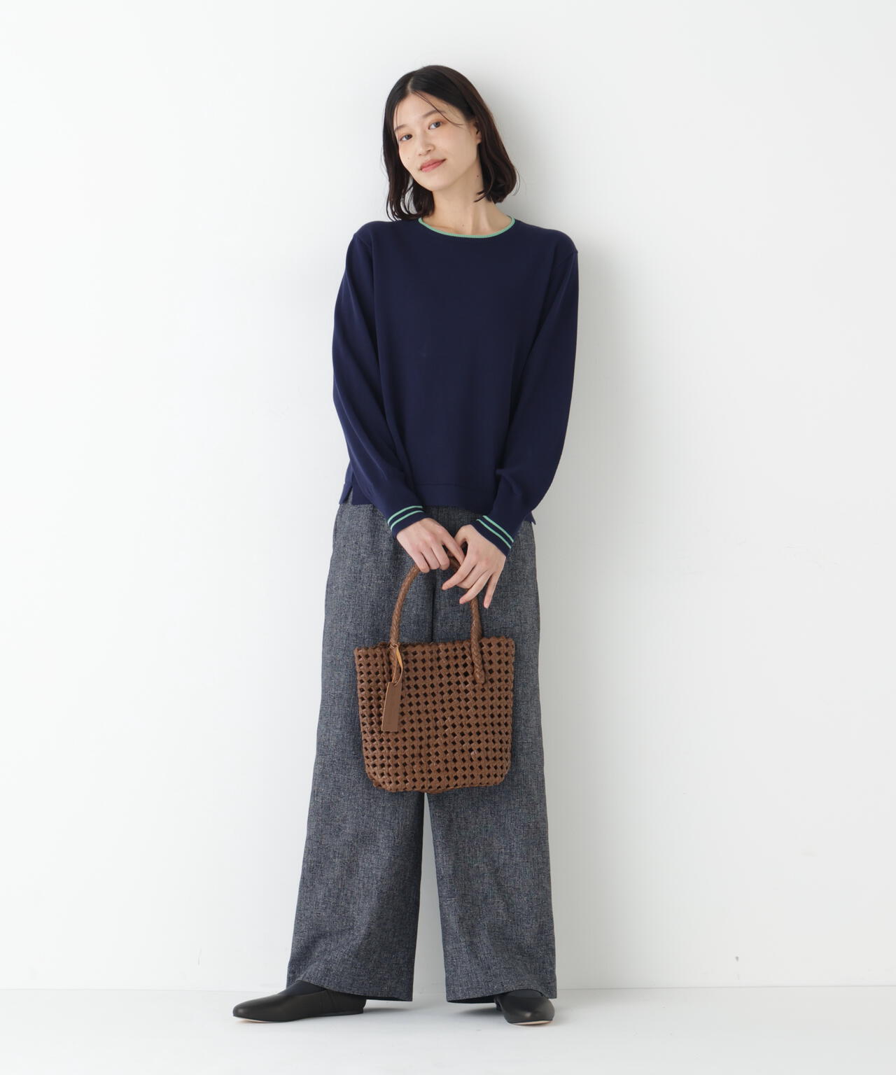 ≪オーガニックコットン混 / 洗える≫ライン入りニットプルオーバー