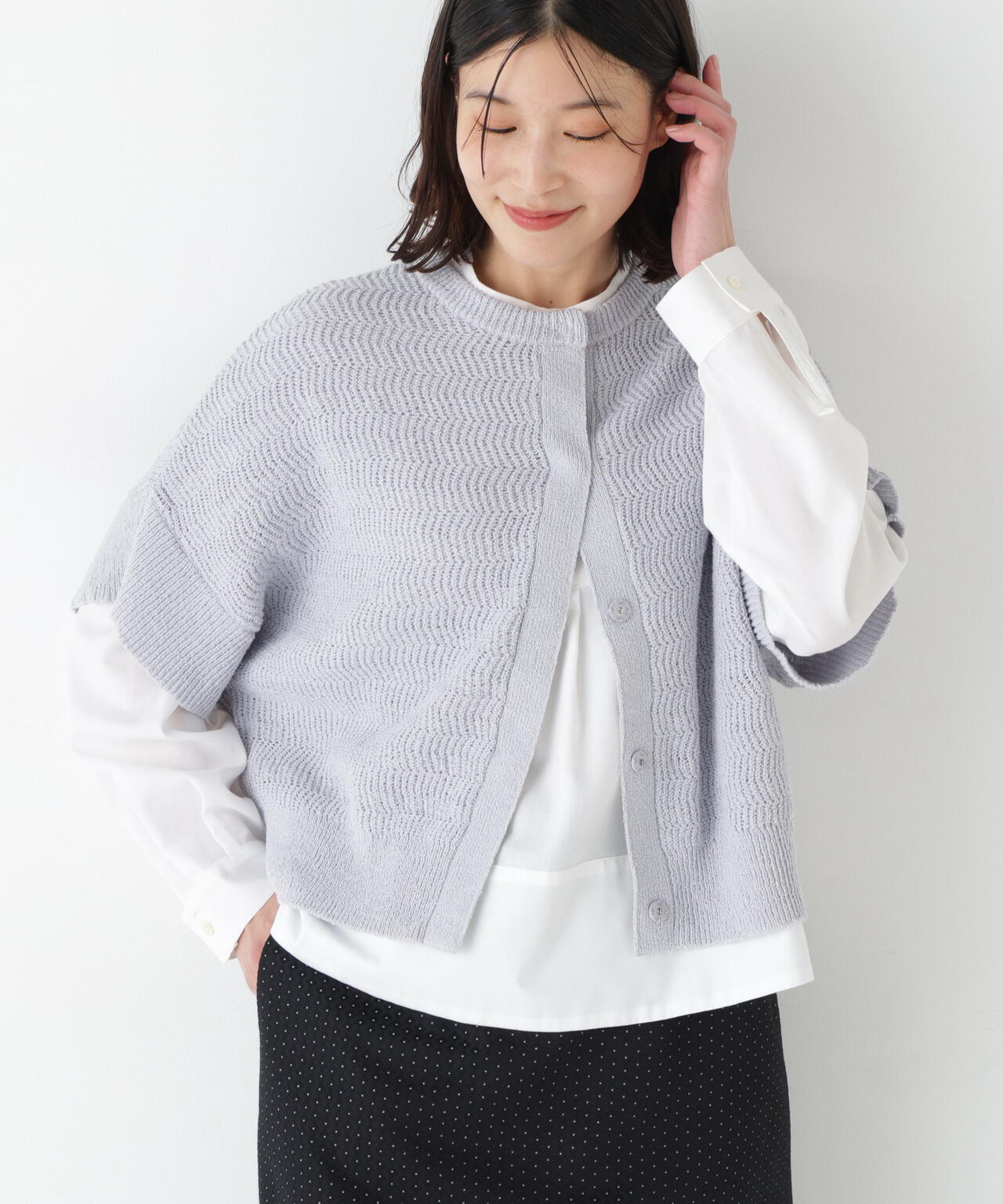 綿ポリエステルヘリンボーン柄半袖はおり