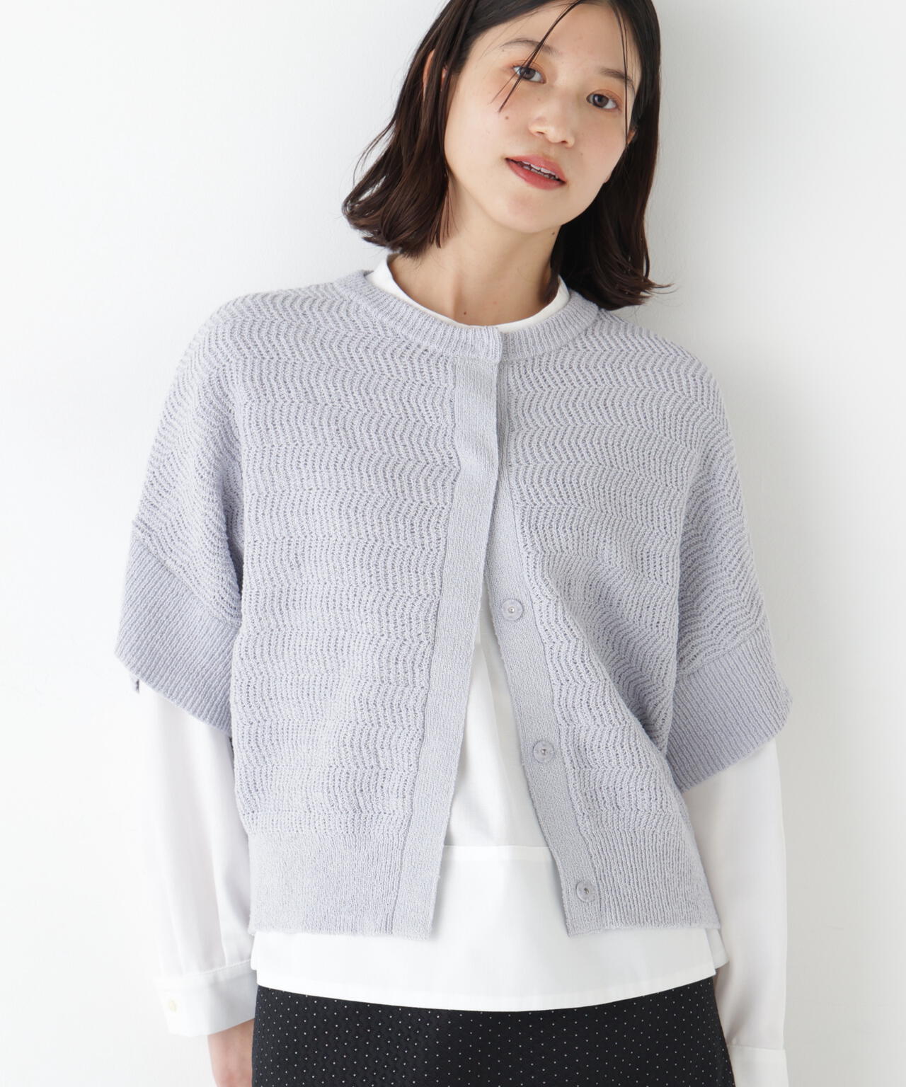 綿ポリエステルヘリンボーン柄半袖はおり