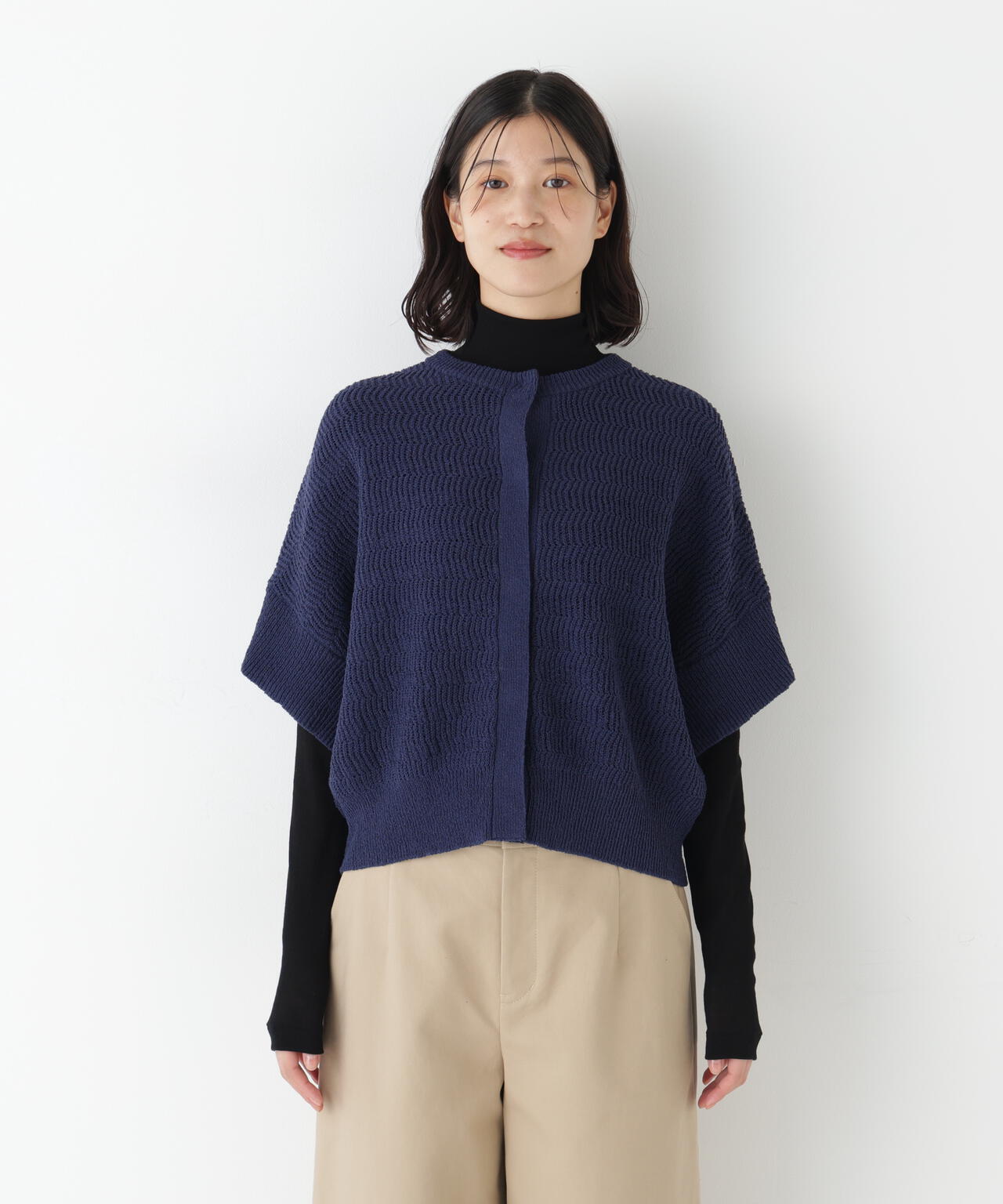 綿ポリエステルヘリンボーン柄半袖はおり