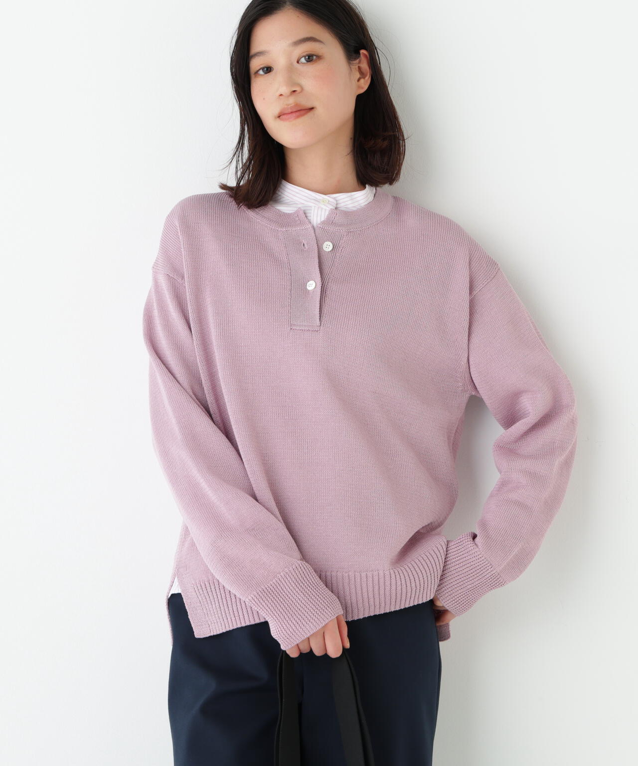 《名品 / 洗える》ミドルゲージギマ スキッパーニットプルオーバー