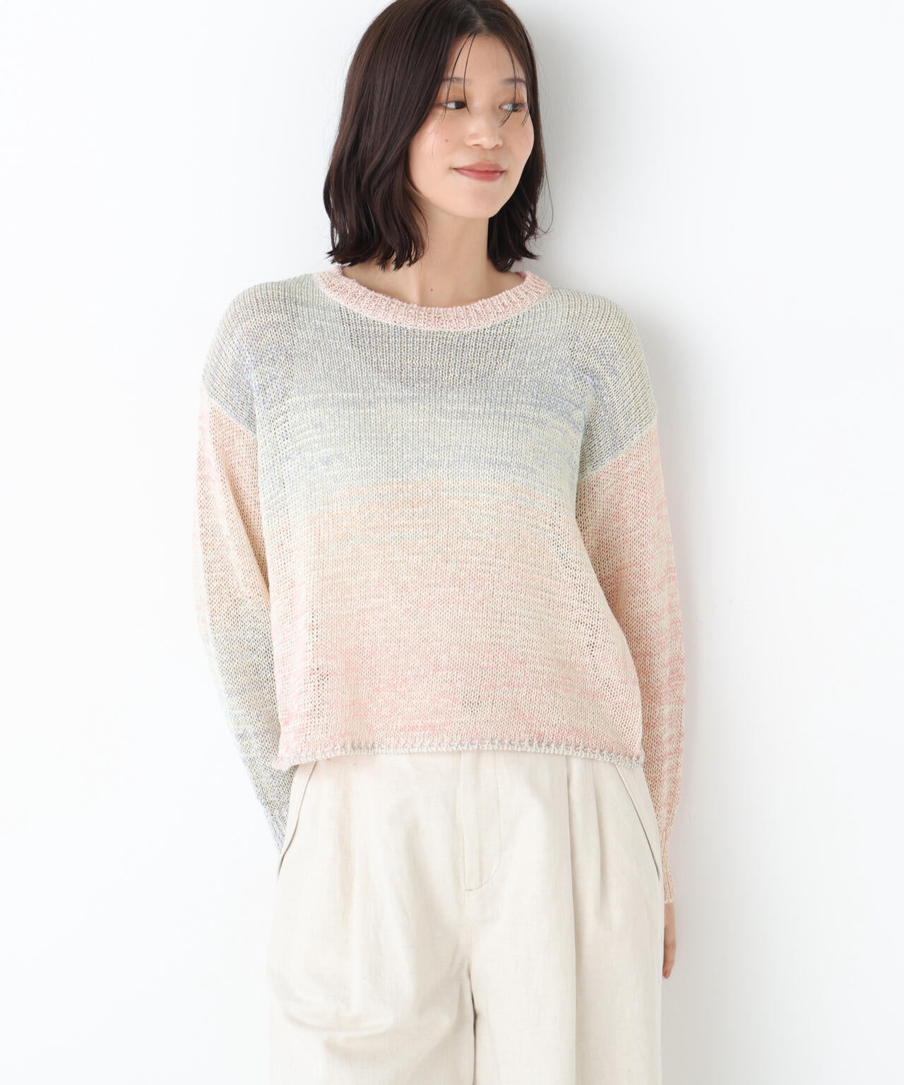 《洗える》コットン混 カスリヤーンクルーネックプルオーバー