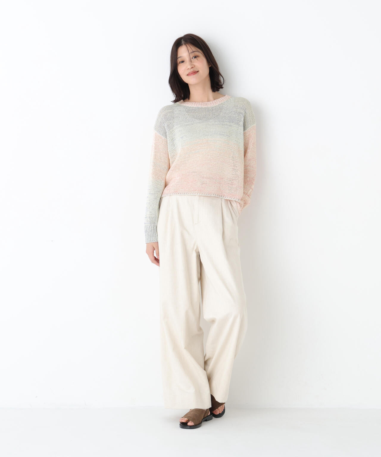 《洗える》コットン混 カスリヤーンクルーネックプルオーバー