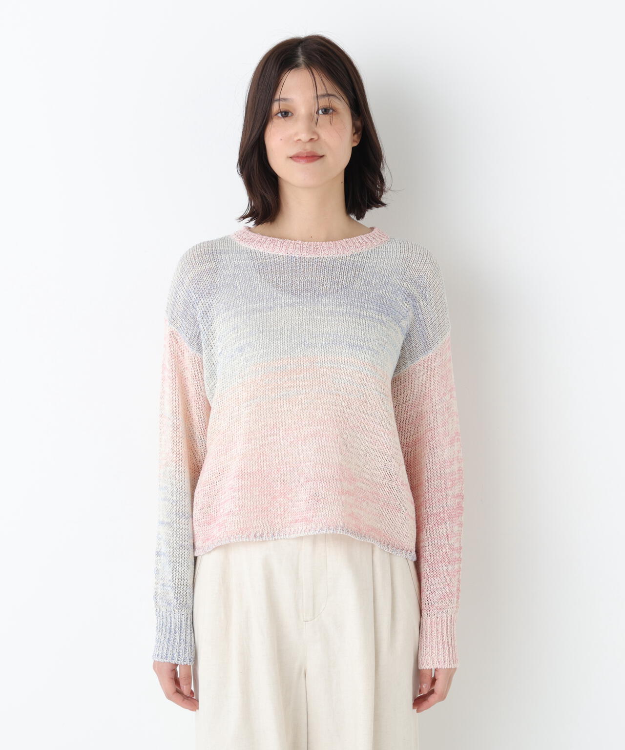 《洗える》コットン混 カスリヤーンクルーネックプルオーバー