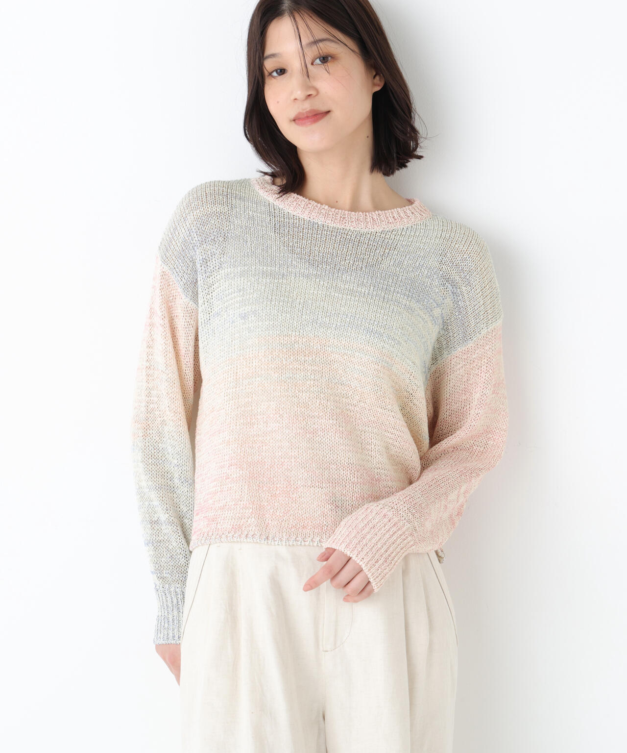 《洗える》コットン混 カスリヤーンクルーネックプルオーバー