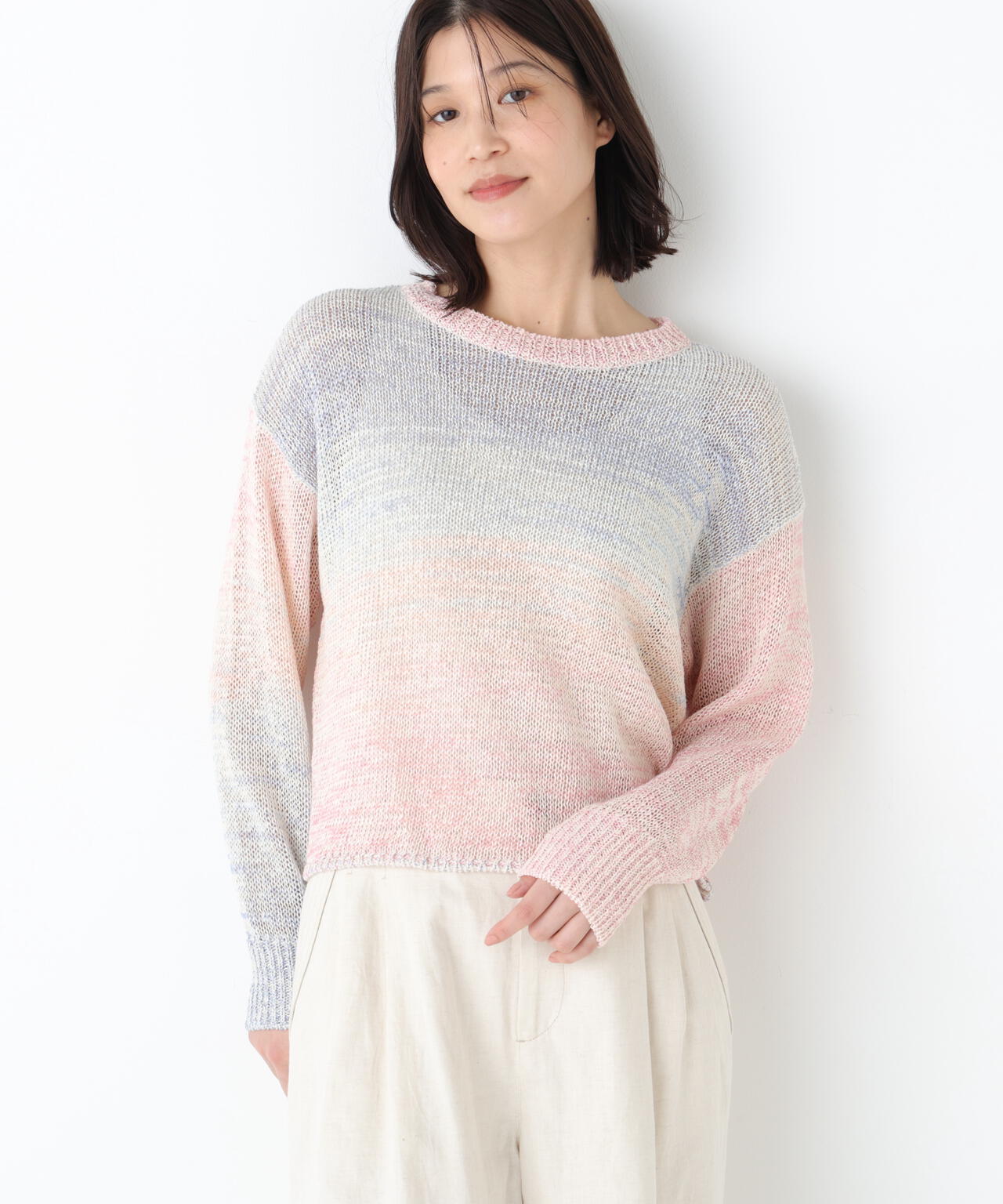 《洗える》コットン混 カスリヤーンクルーネックプルオーバー
