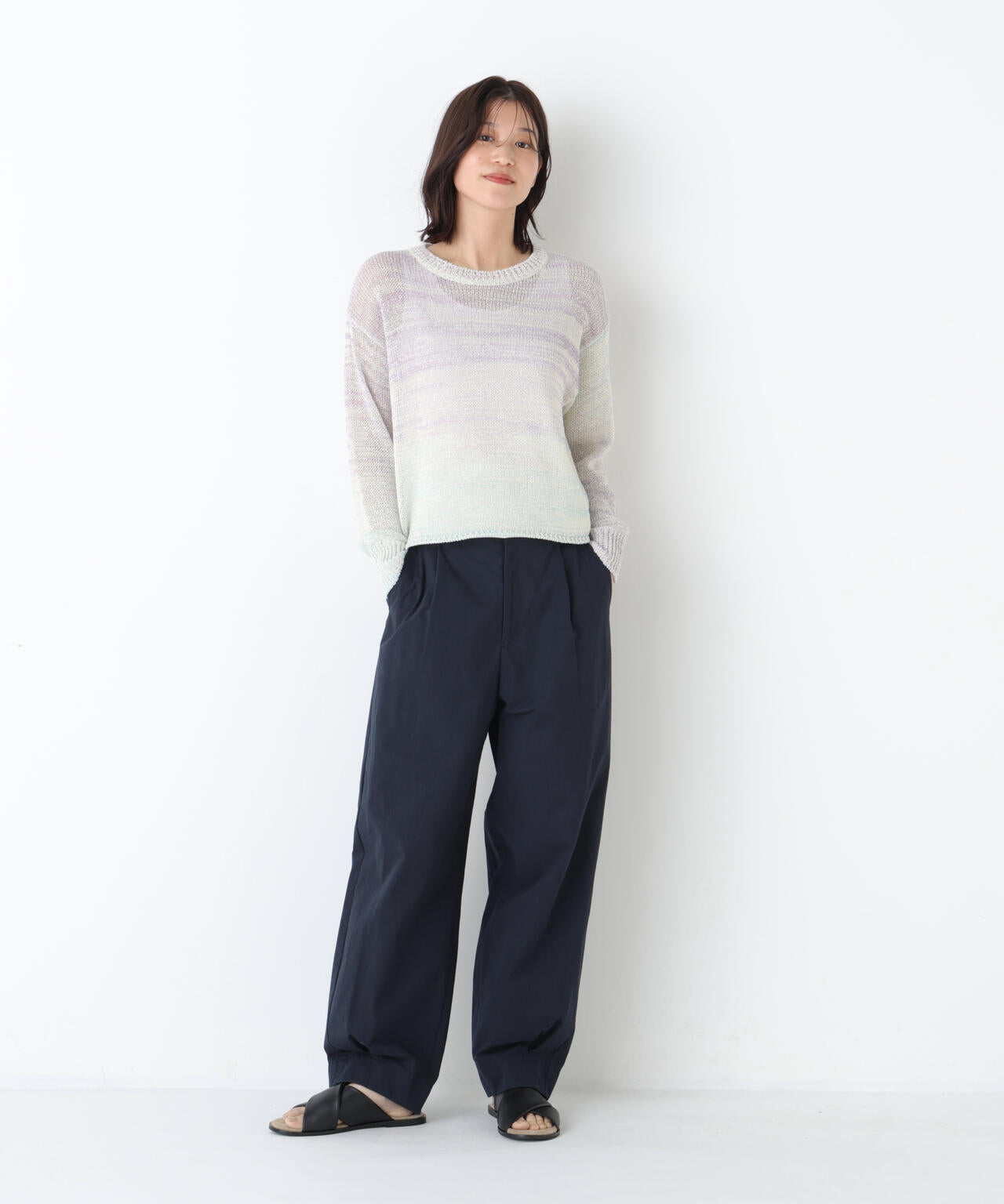 《洗える》コットン混 カスリヤーンクルーネックプルオーバー