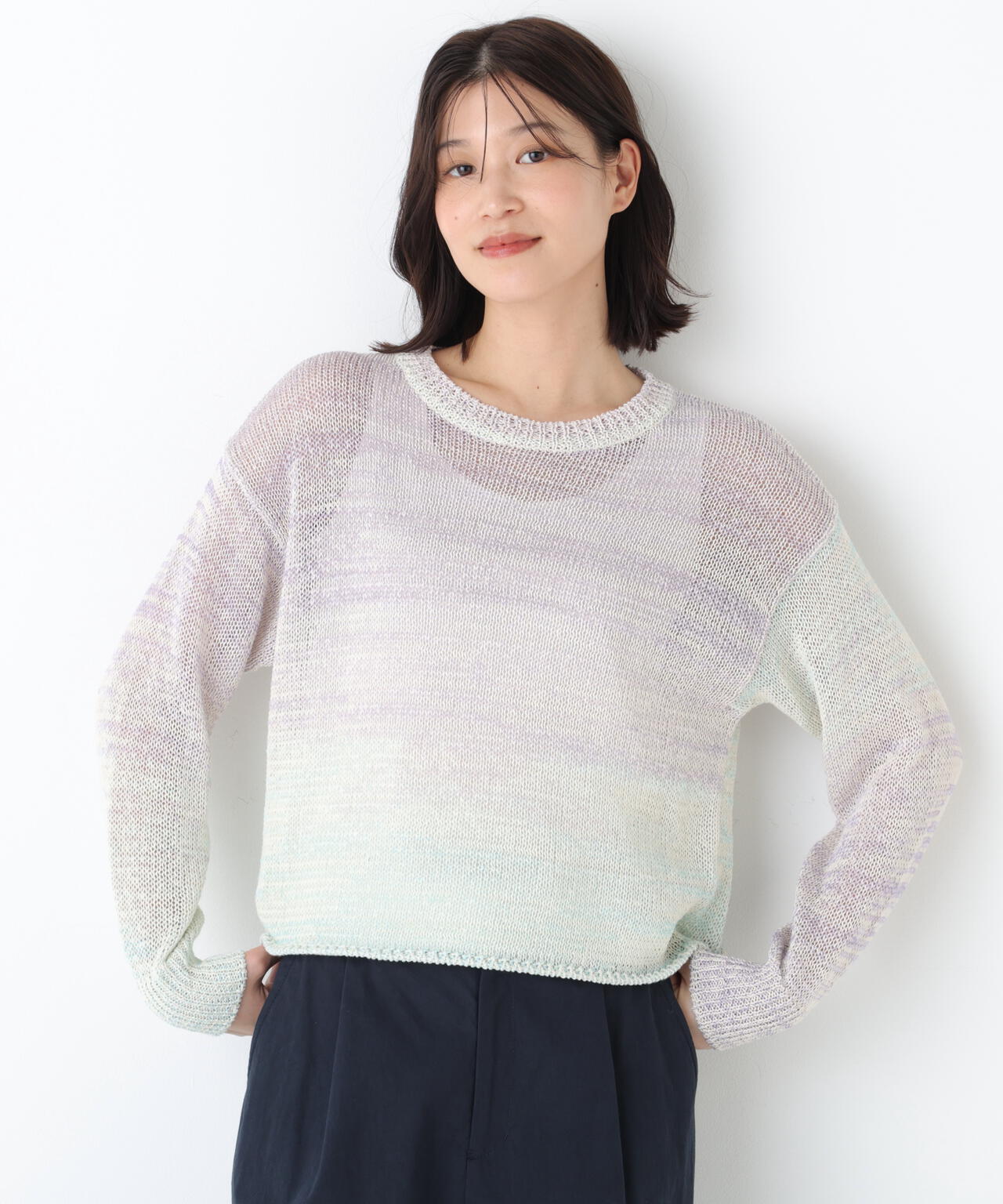 《洗える》コットン混 カスリヤーンクルーネックプルオーバー