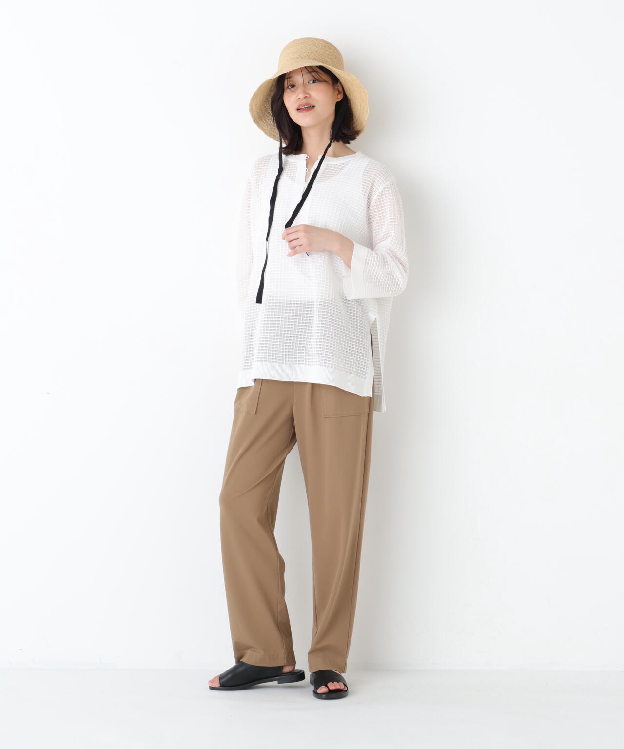 《洗える》コットンポリエステルシアーチェックチュニックプルオーバー