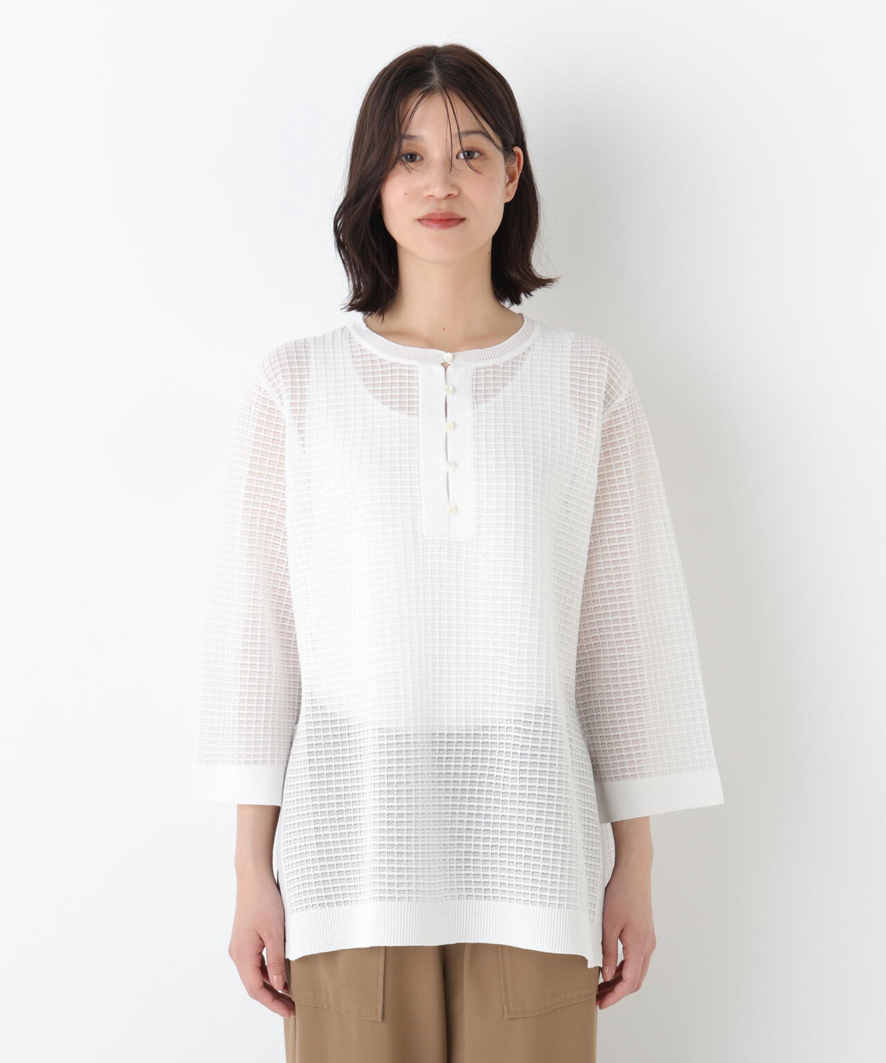 《洗える》コットンポリエステルシアーチェックチュニックプルオーバー