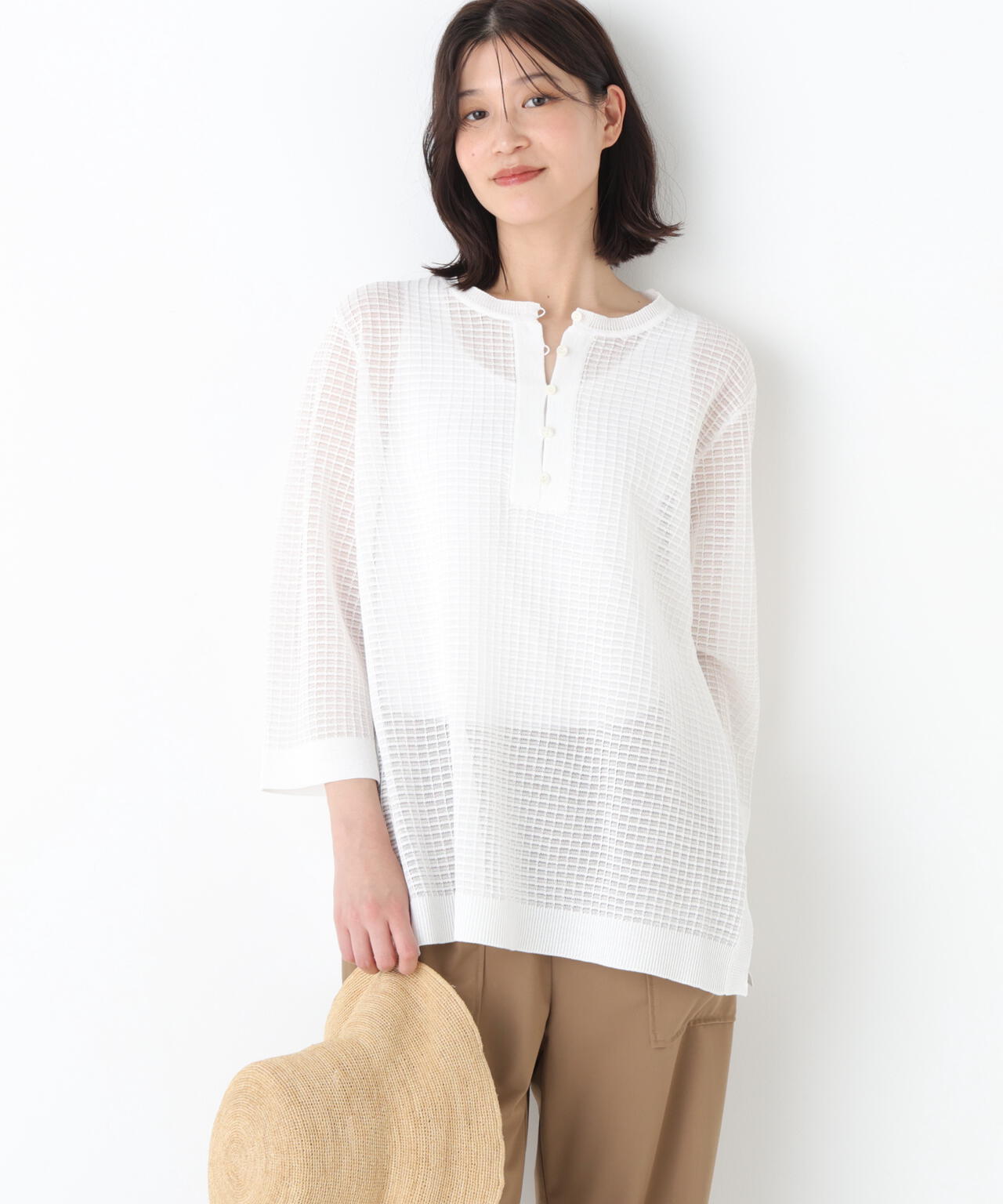 《洗える》コットンポリエステルシアーチェックチュニックプルオーバー