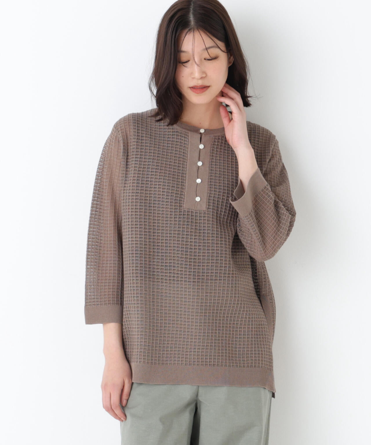 《洗える》コットンポリエステルシアーチェックチュニックプルオーバー