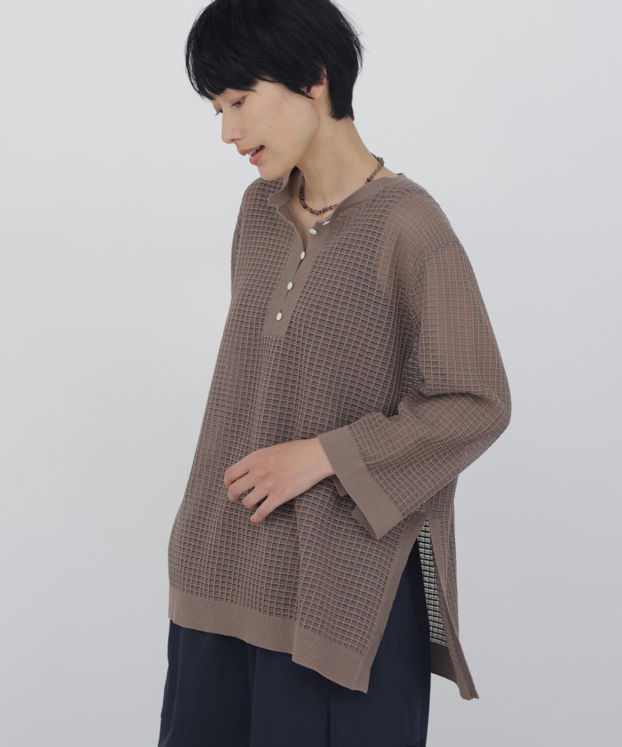 《洗える》コットンポリエステルシアーチェックチュニックプルオーバー