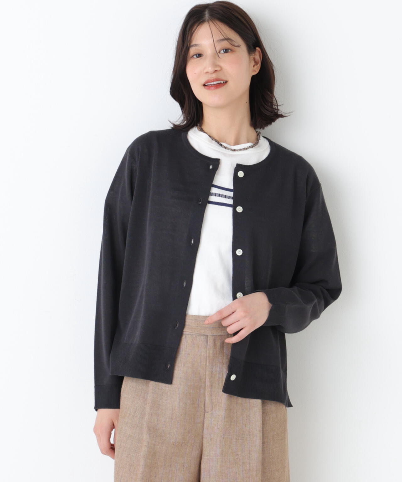 《洗える》麻混クルーネックニットカーディガン