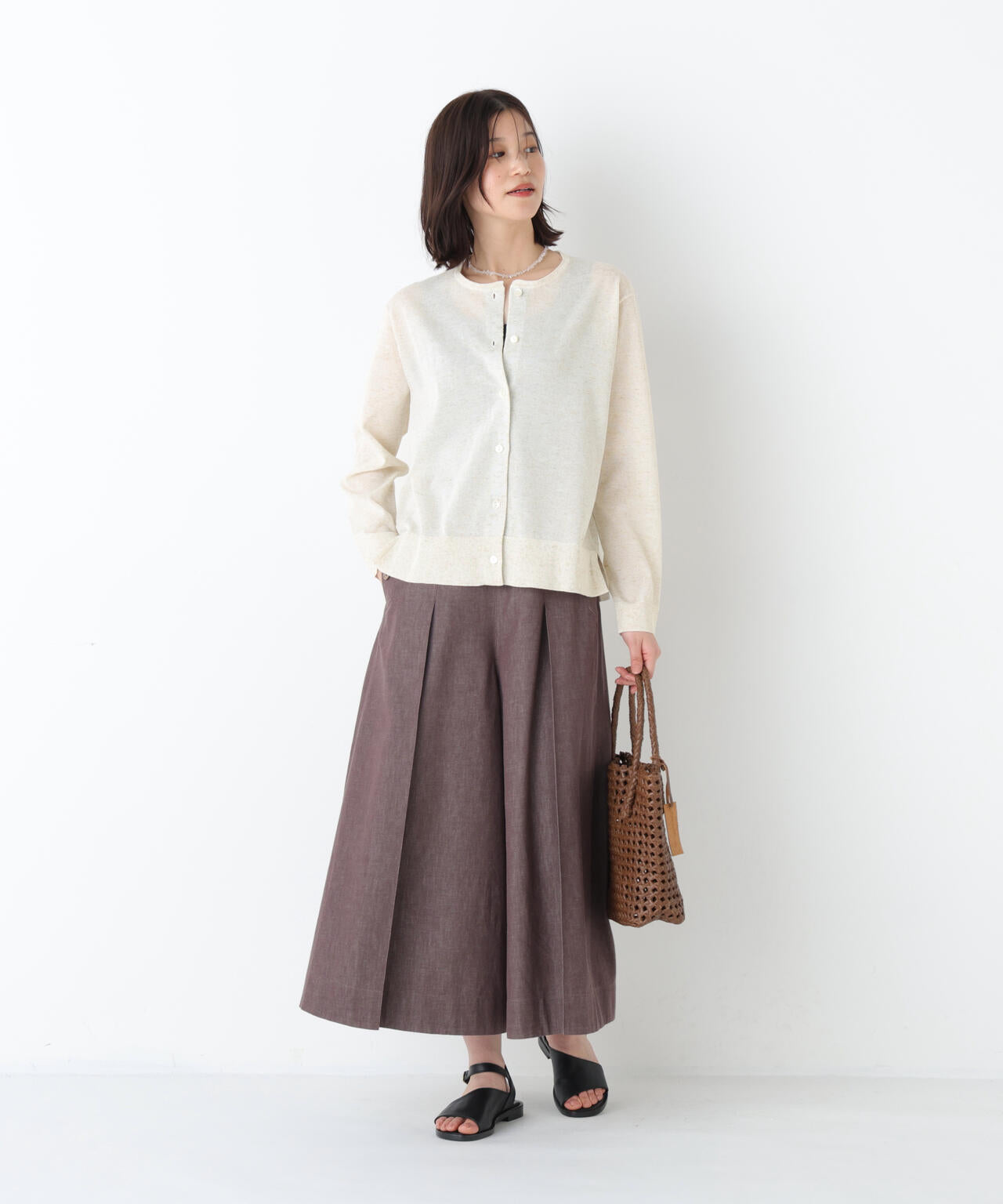 《洗える》麻混クルーネックニットカーディガン