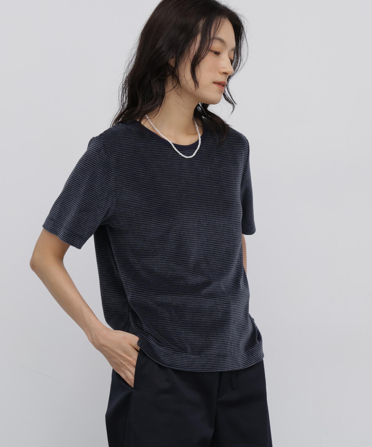 《洗える》ベロアボーダーTシャツ