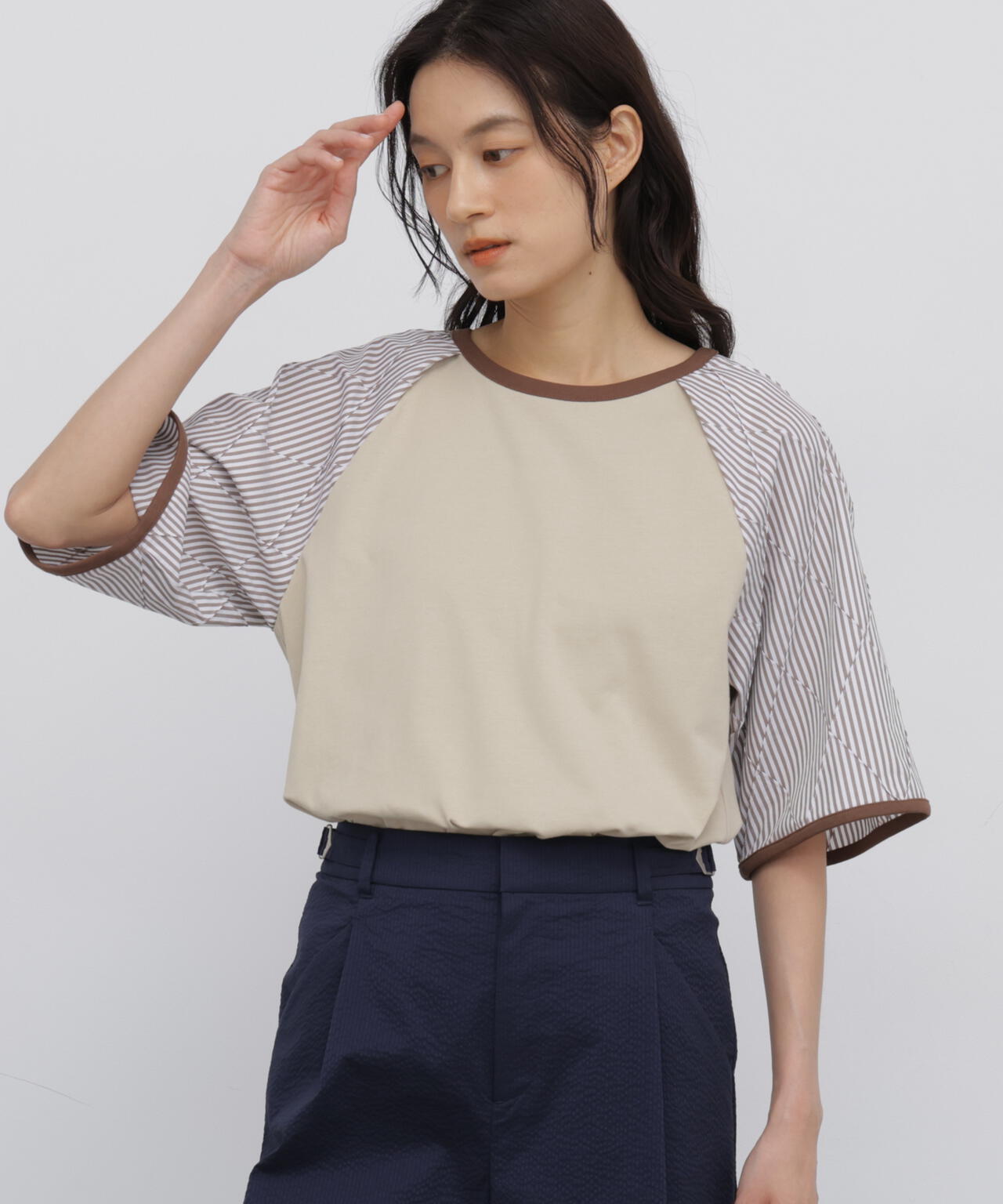 ストライプドッキング ラグランスリーブ リンガーTシャツ