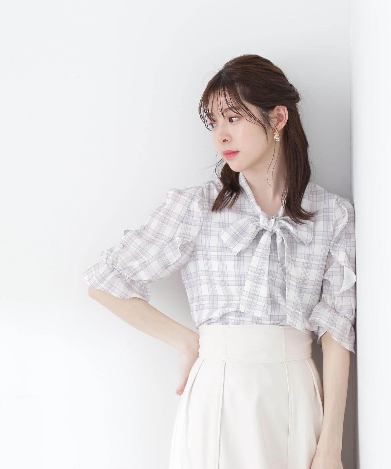オープンショルダー2Wayボウタイブラウス WEB限定カラー:ラベンダーチェック