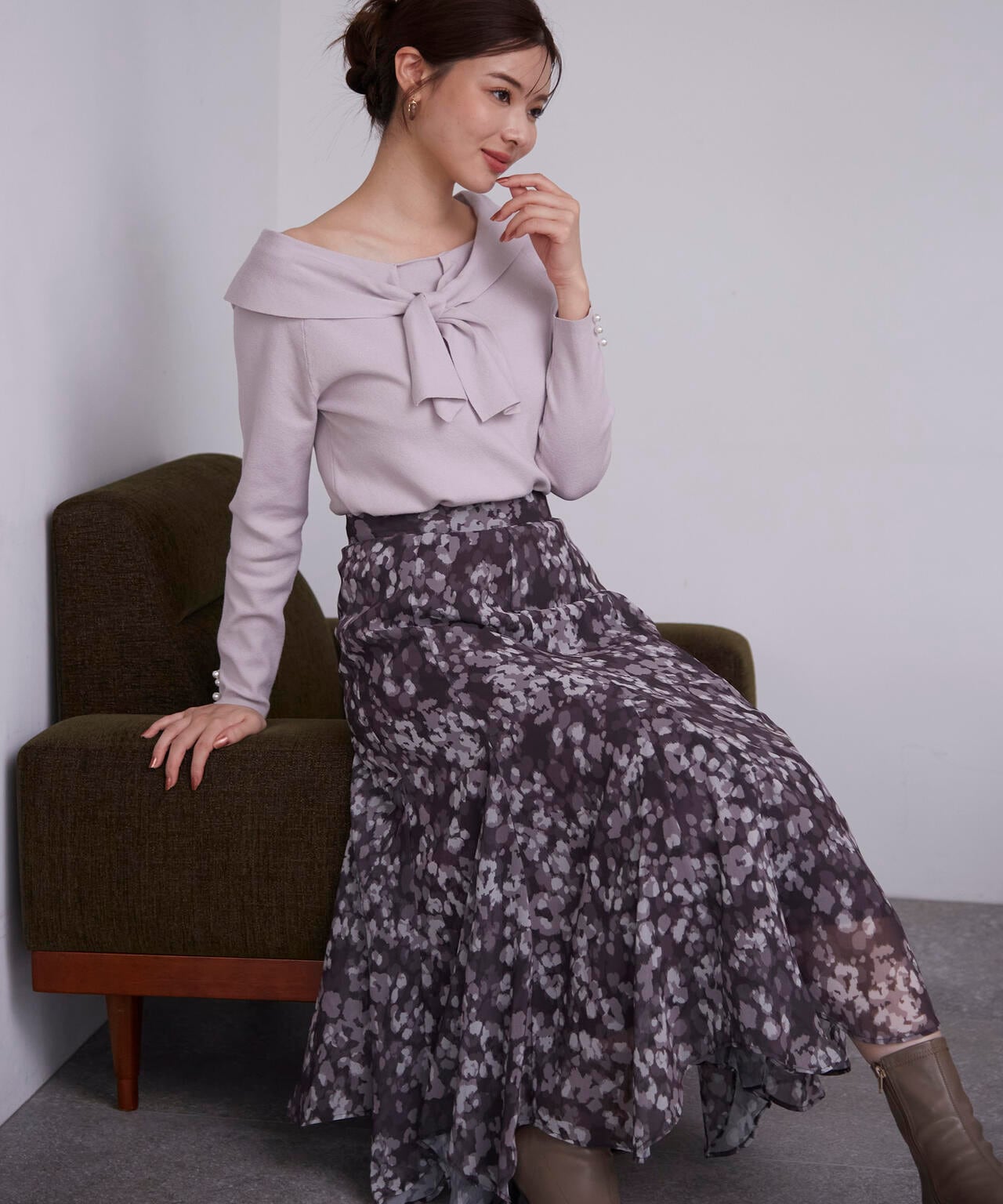 ニュアンス柄ヘムフレアスカート