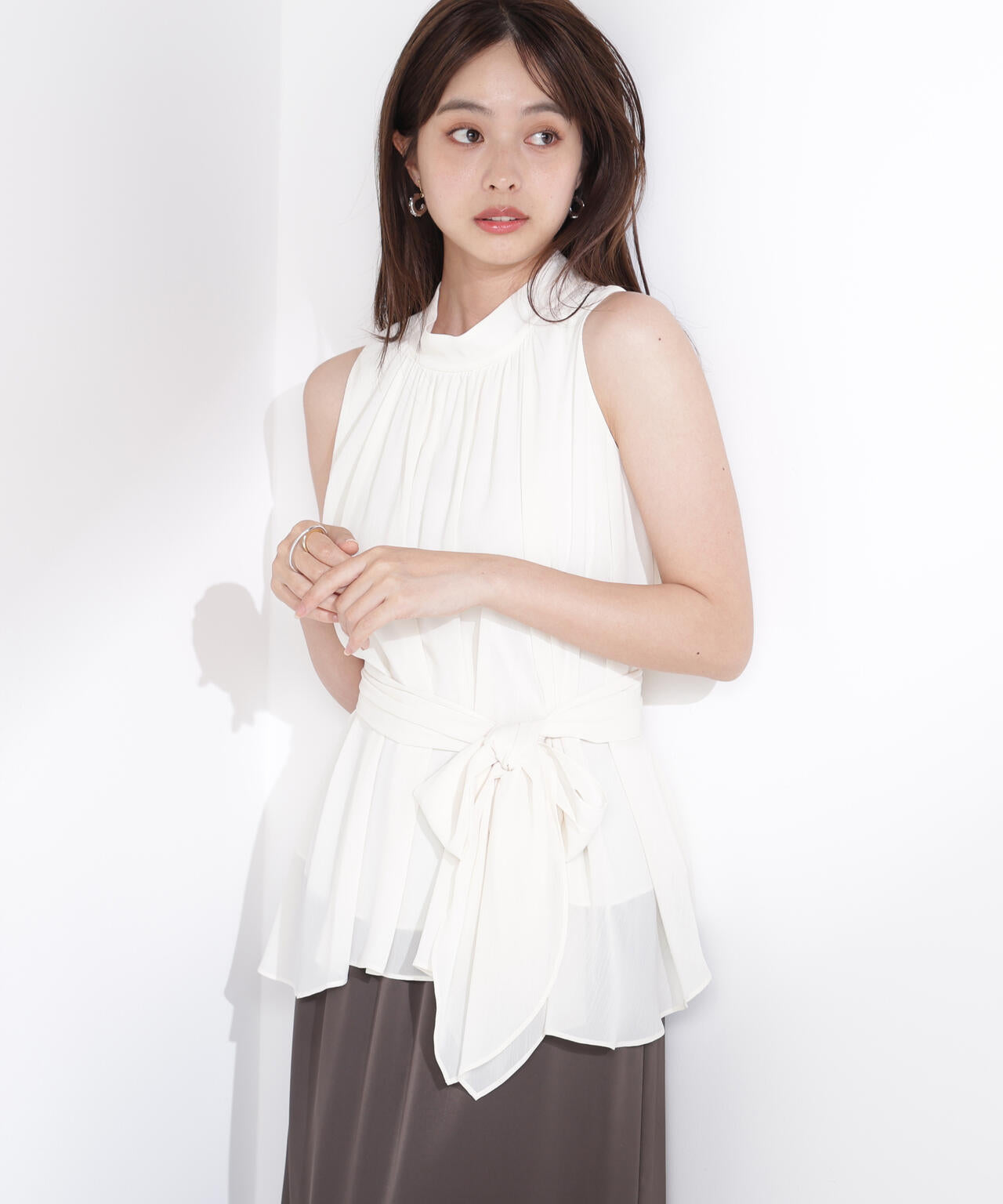 ベルト付楊柳ブラウス