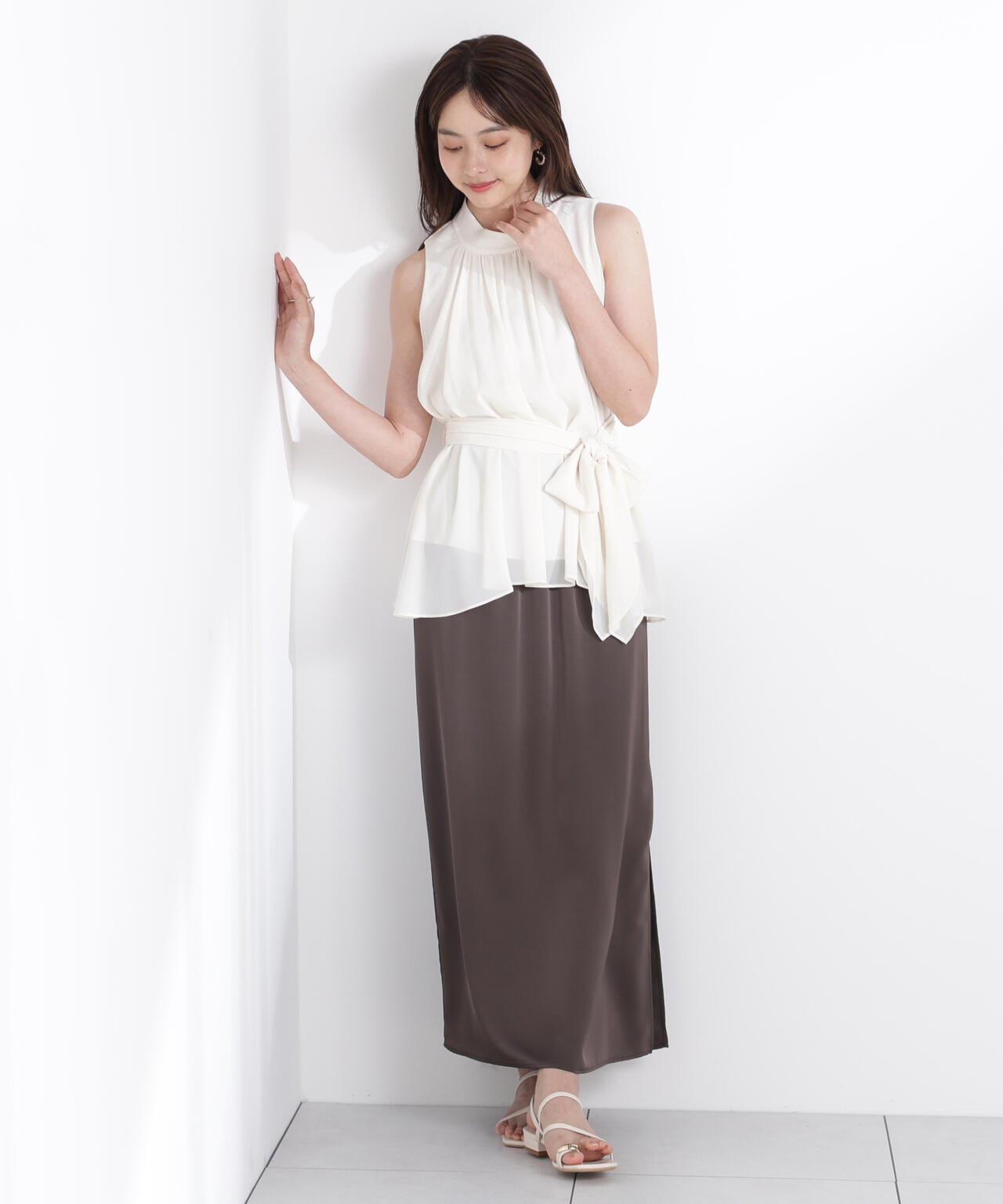 ベルト付楊柳ブラウス