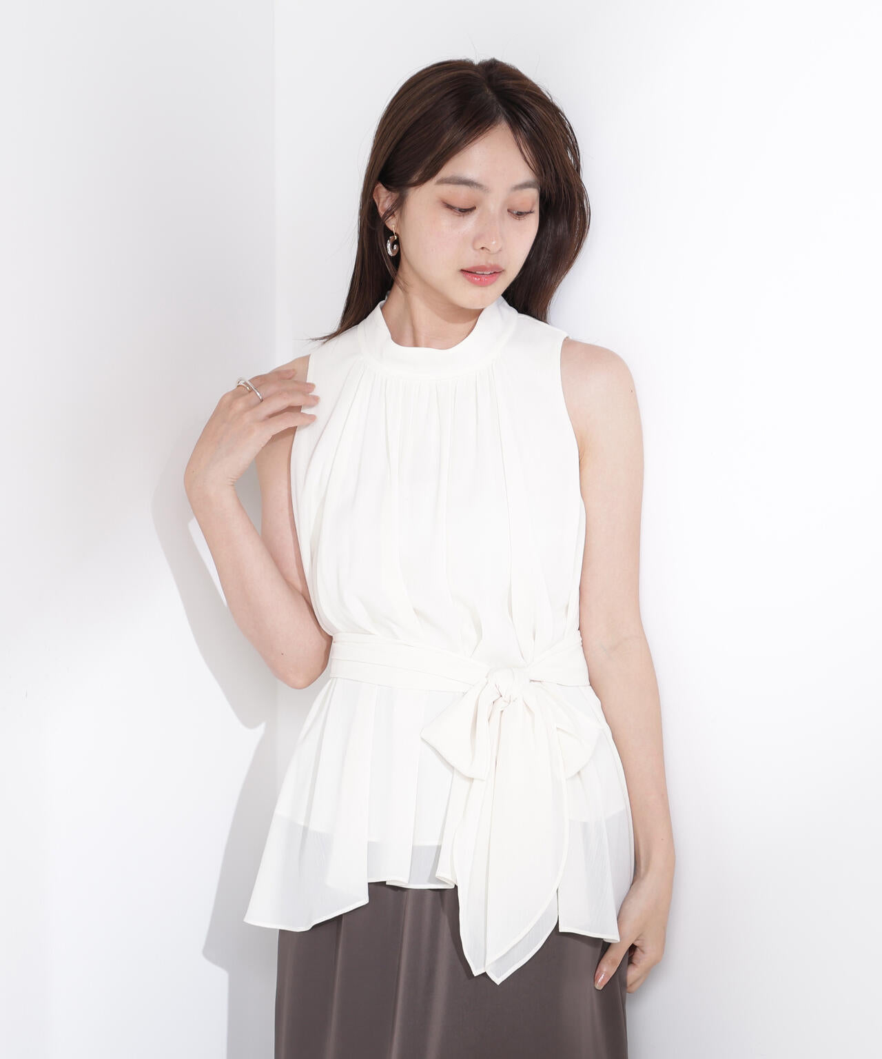 ベルト付楊柳ブラウス