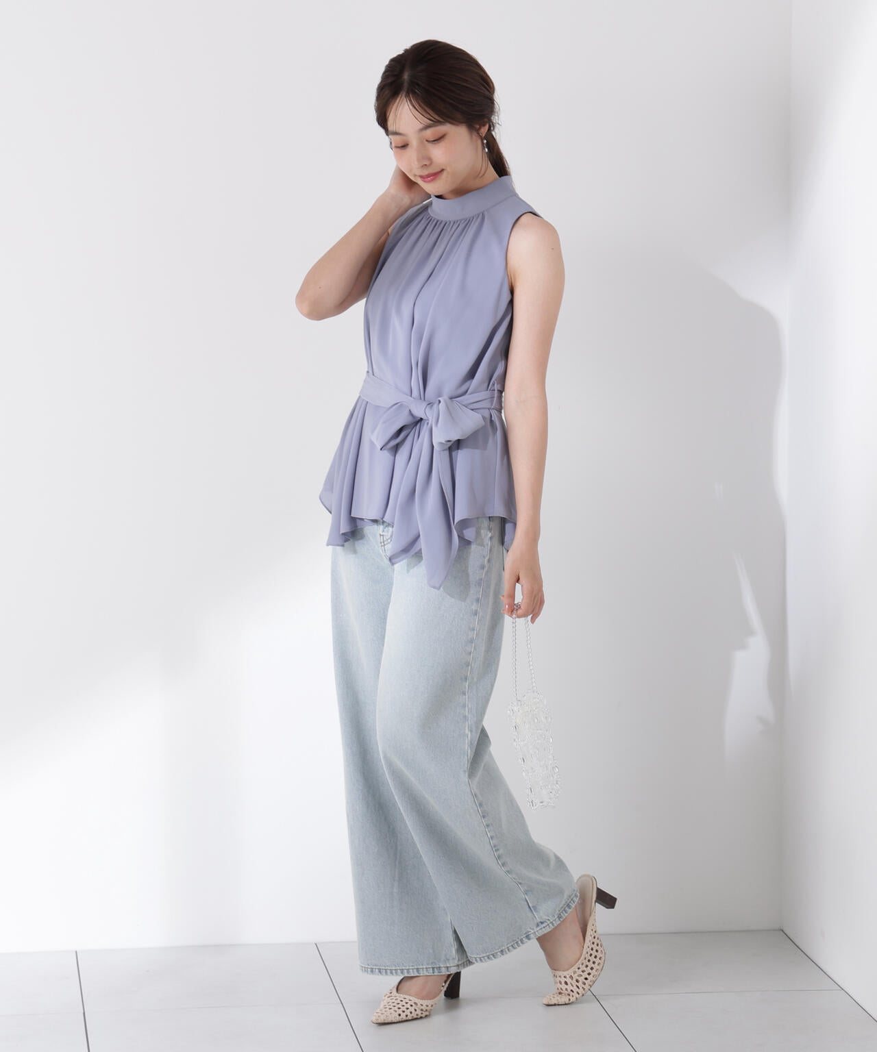 ベルト付楊柳ブラウス