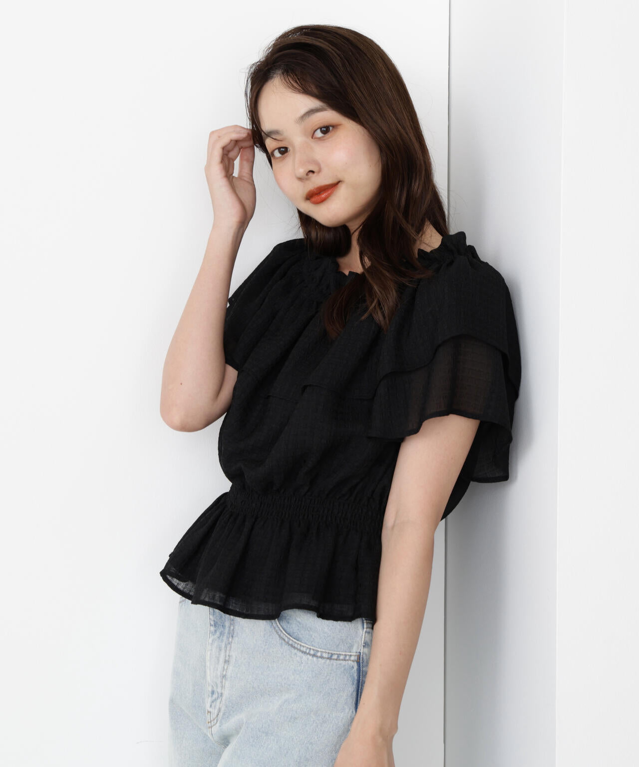 <ウォッシャブル>2wayギャザーペプラムブラウス