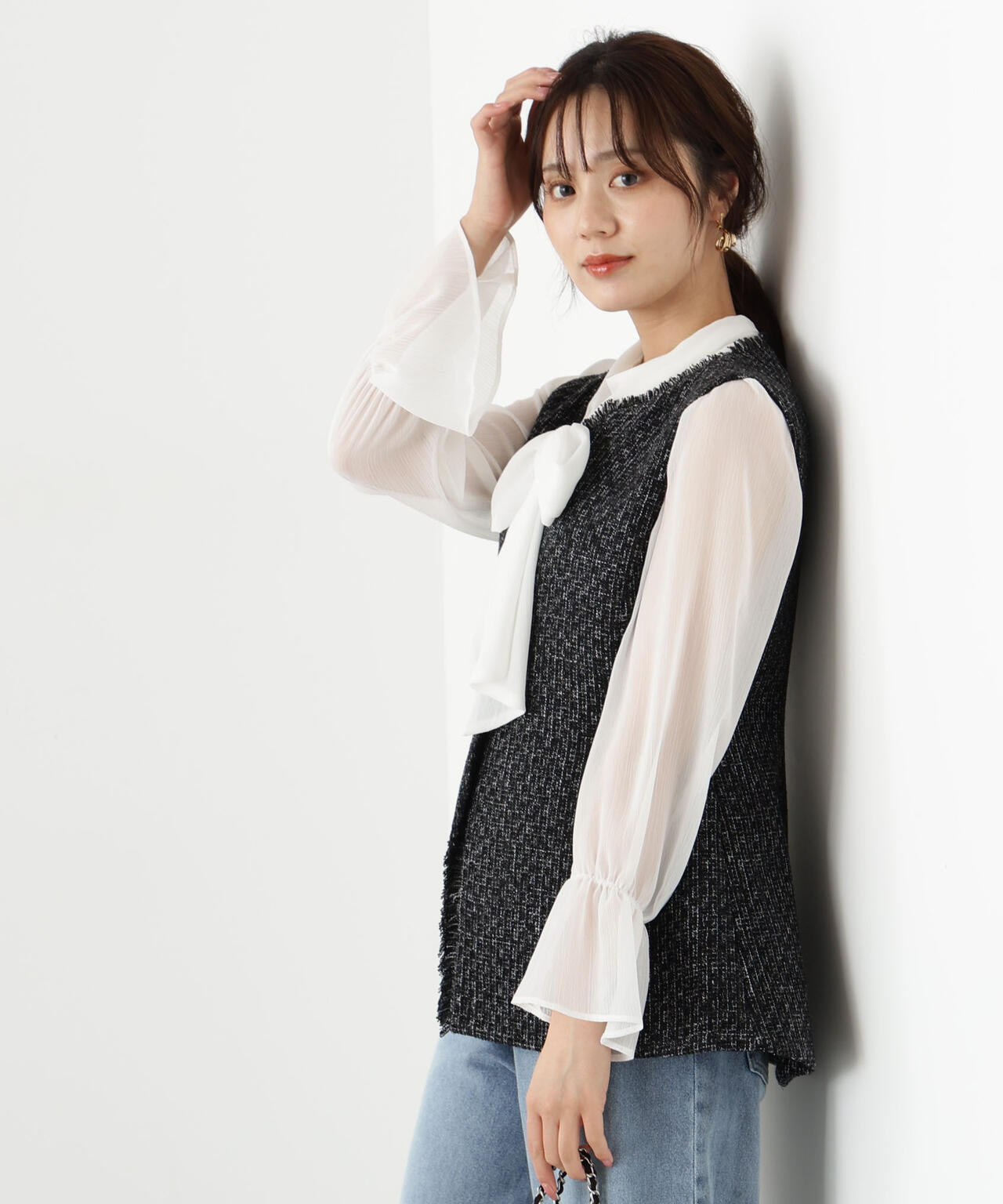 <ウォッシャブル>ビッグリボン楊柳ブラウス