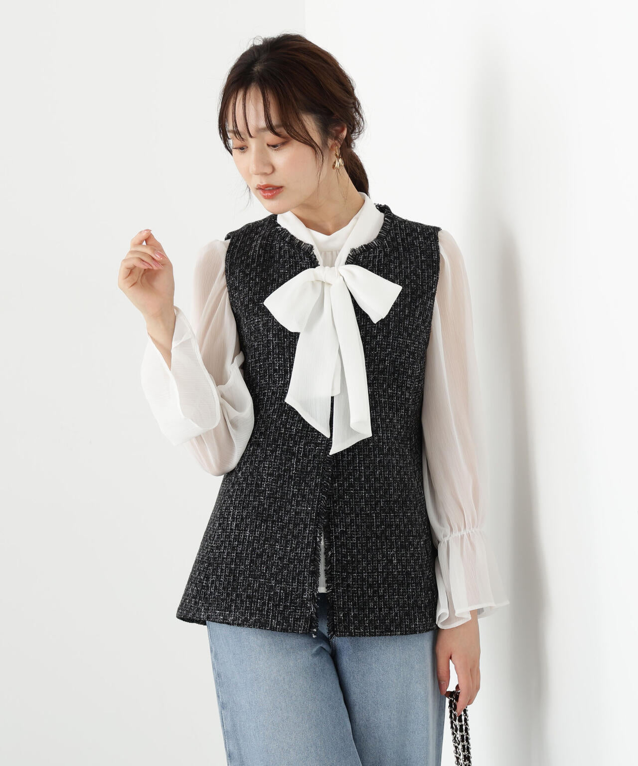 <ウォッシャブル>ビッグリボン楊柳ブラウス