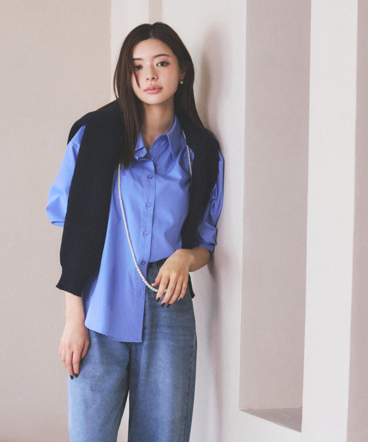 【青島心さん着用】<ウォッシャブル>ベーシックシャツ【ネイビーチェック:WEB限定】