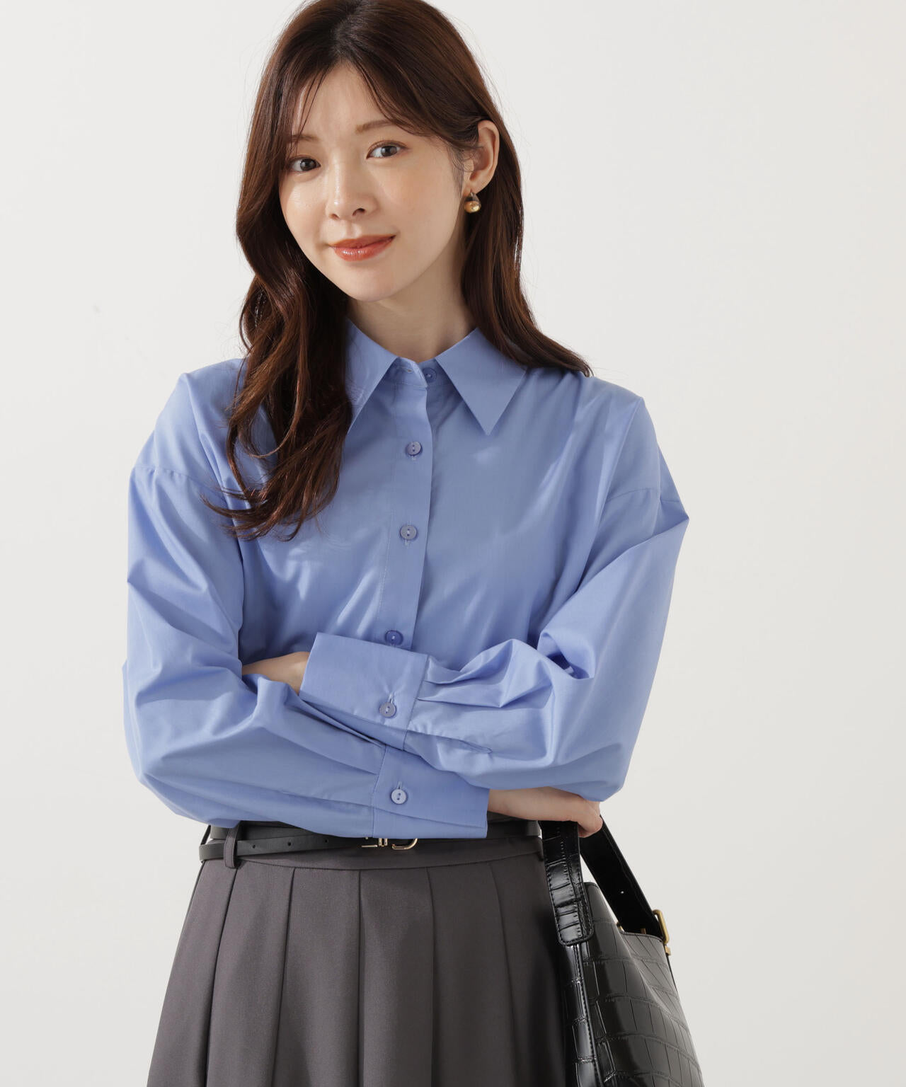 【青島心さん着用】<ウォッシャブル>ベーシックシャツ【ネイビーチェック:WEB限定】