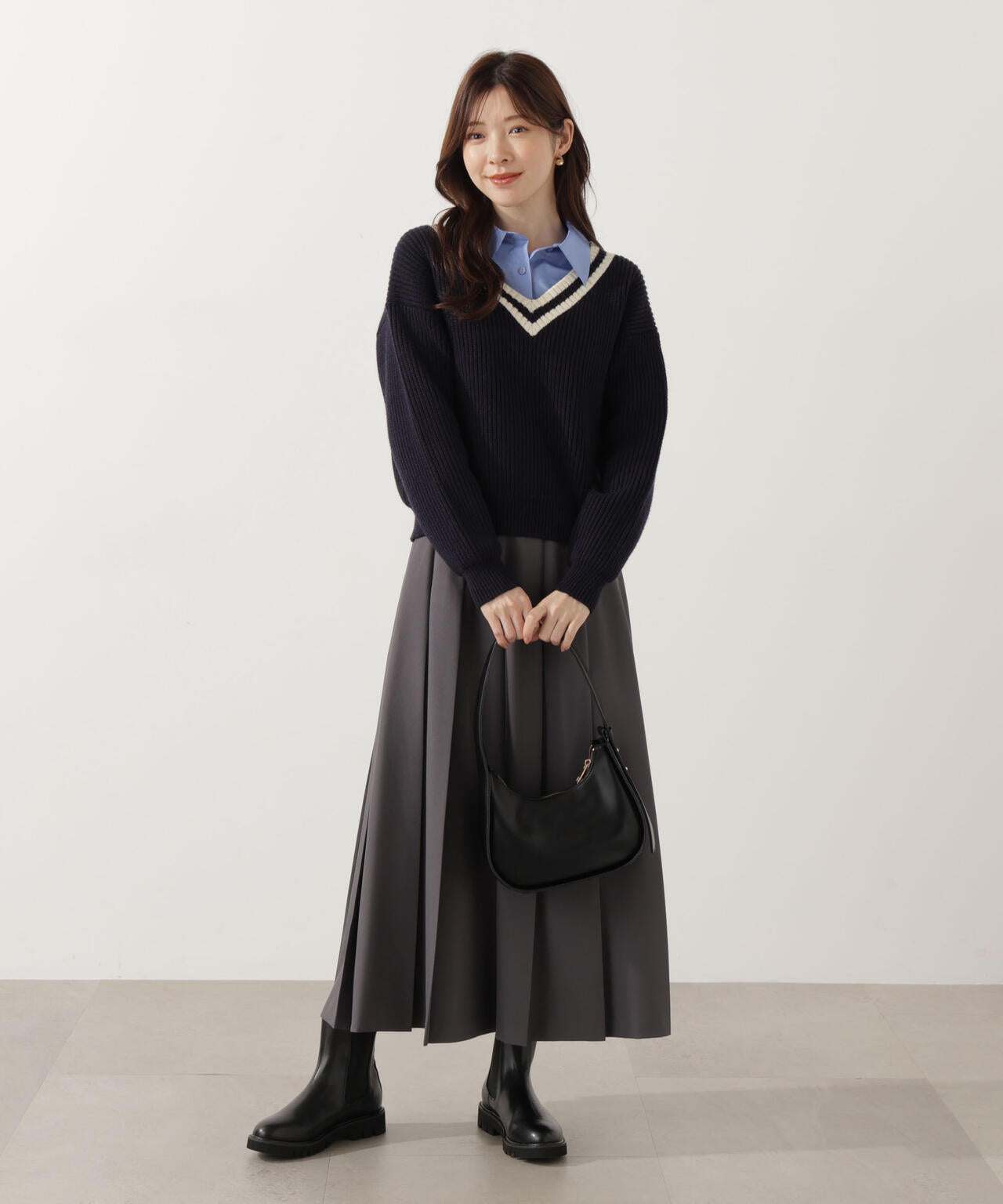 【青島心さん着用】<ウォッシャブル>ベーシックシャツ【ネイビーチェック:WEB限定】