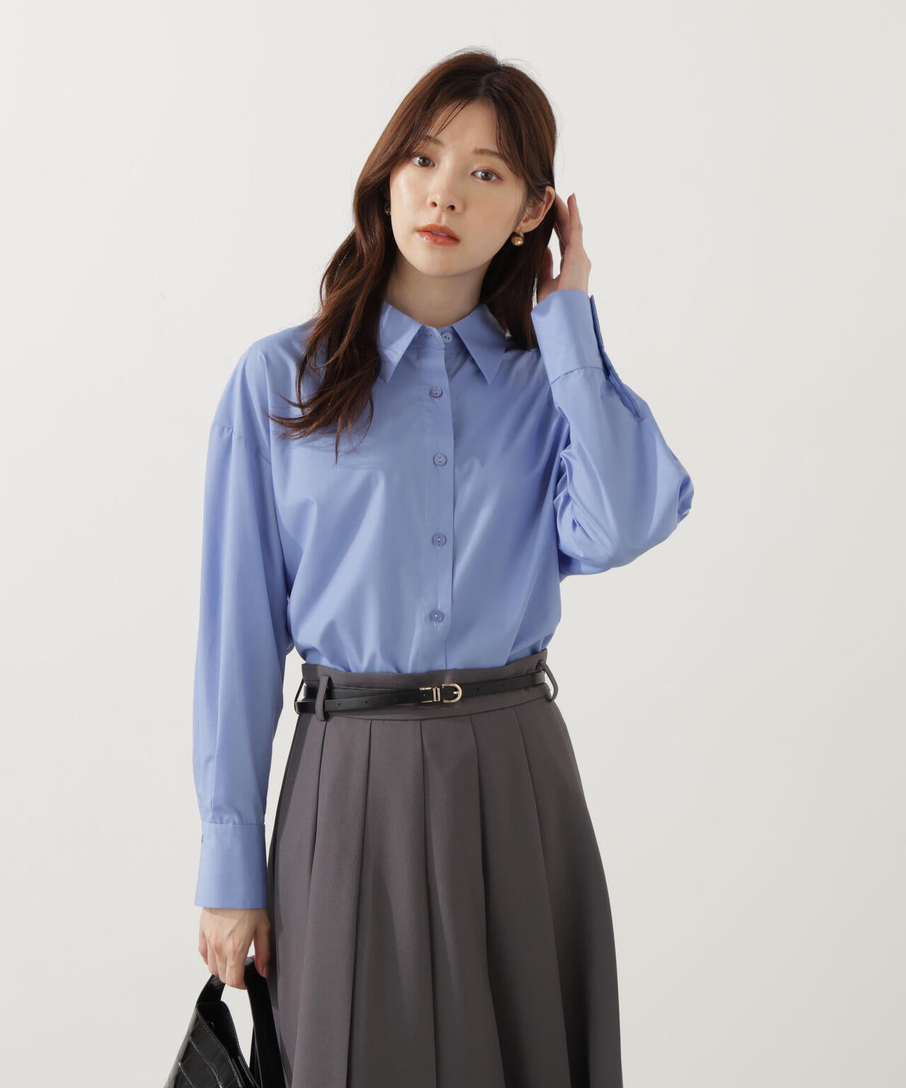 【青島心さん着用】<ウォッシャブル>ベーシックシャツ【ネイビーチェック:WEB限定】