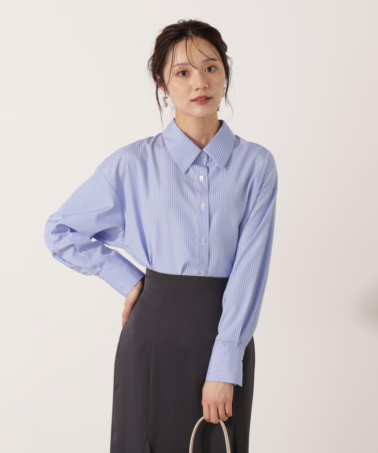 【青島心さん着用】<ウォッシャブル>ベーシックシャツ【ネイビーチェック:WEB限定】