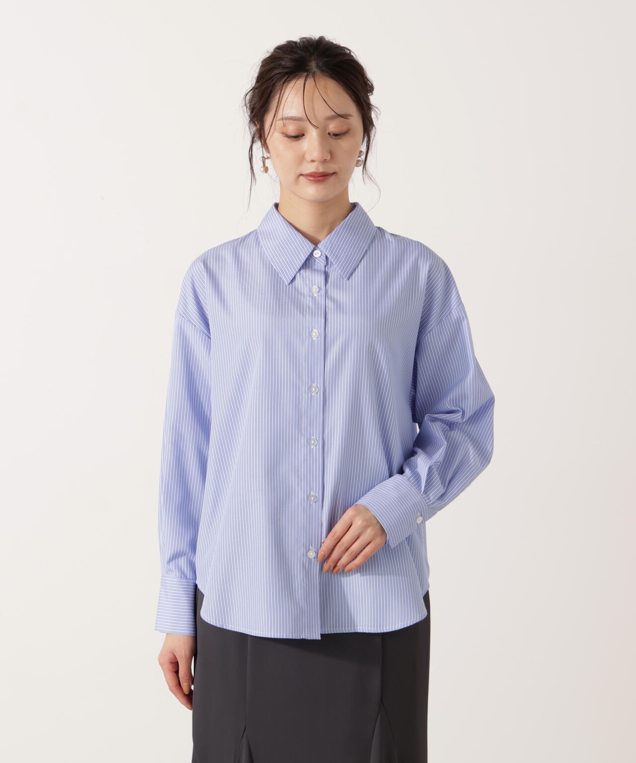 【青島心さん着用】<ウォッシャブル>ベーシックシャツ【ネイビーチェック:WEB限定】