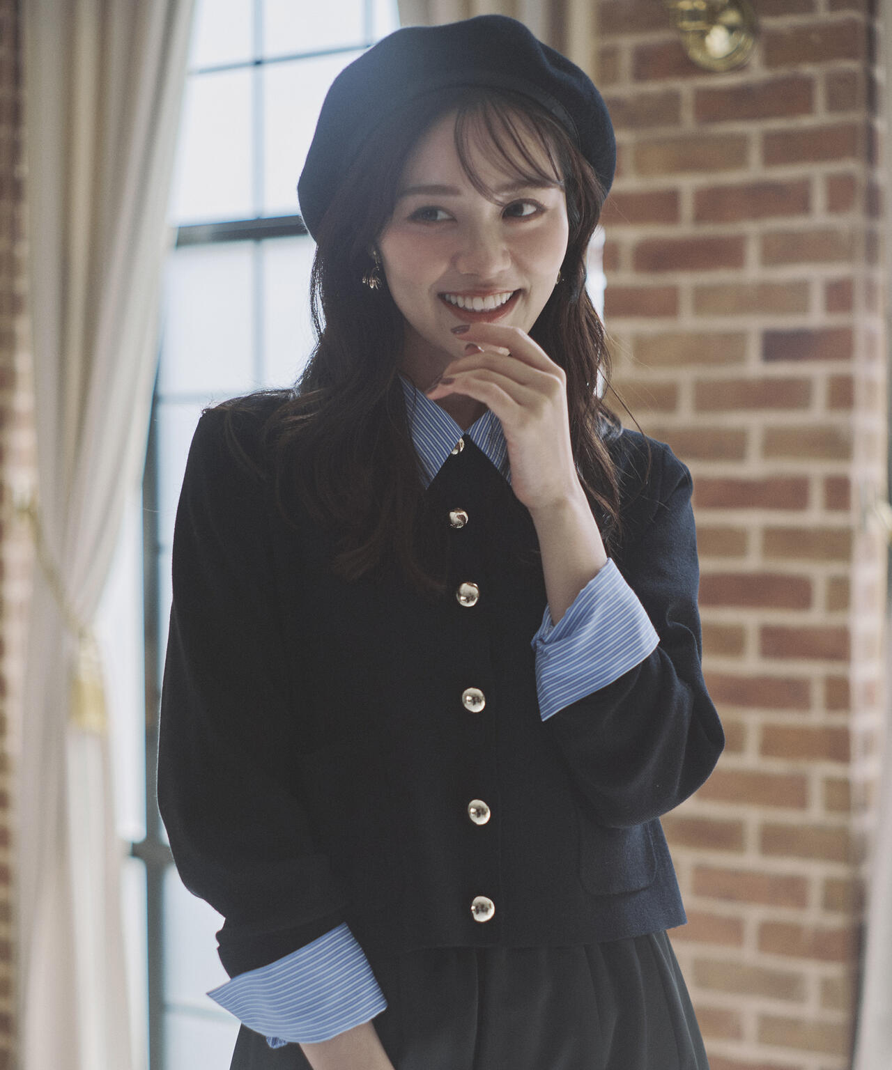 【青島心さん着用】<ウォッシャブル>ベーシックシャツ【ネイビーチェック:WEB限定】