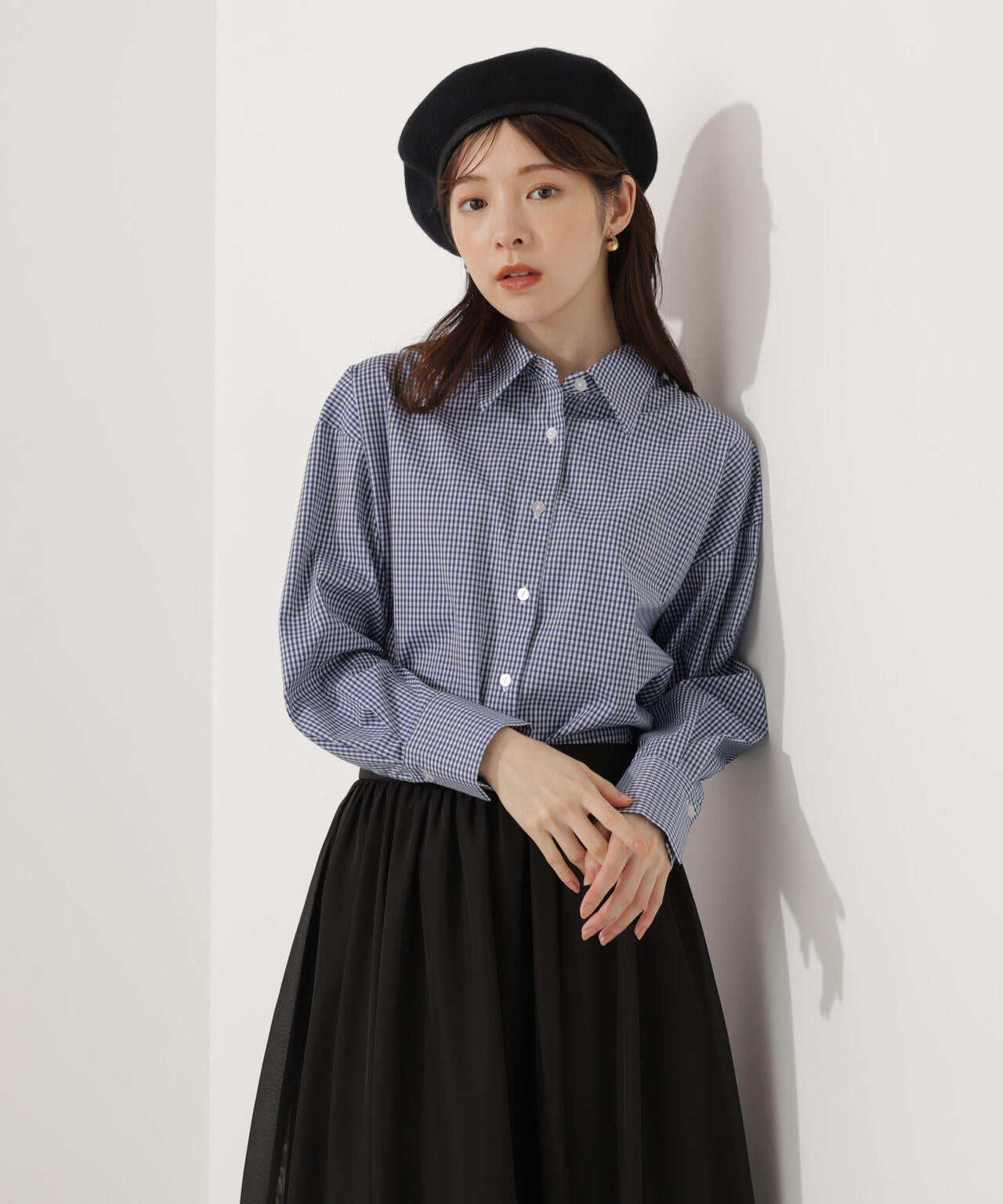 【青島心さん着用】<ウォッシャブル>ベーシックシャツ【ネイビーチェック:WEB限定】