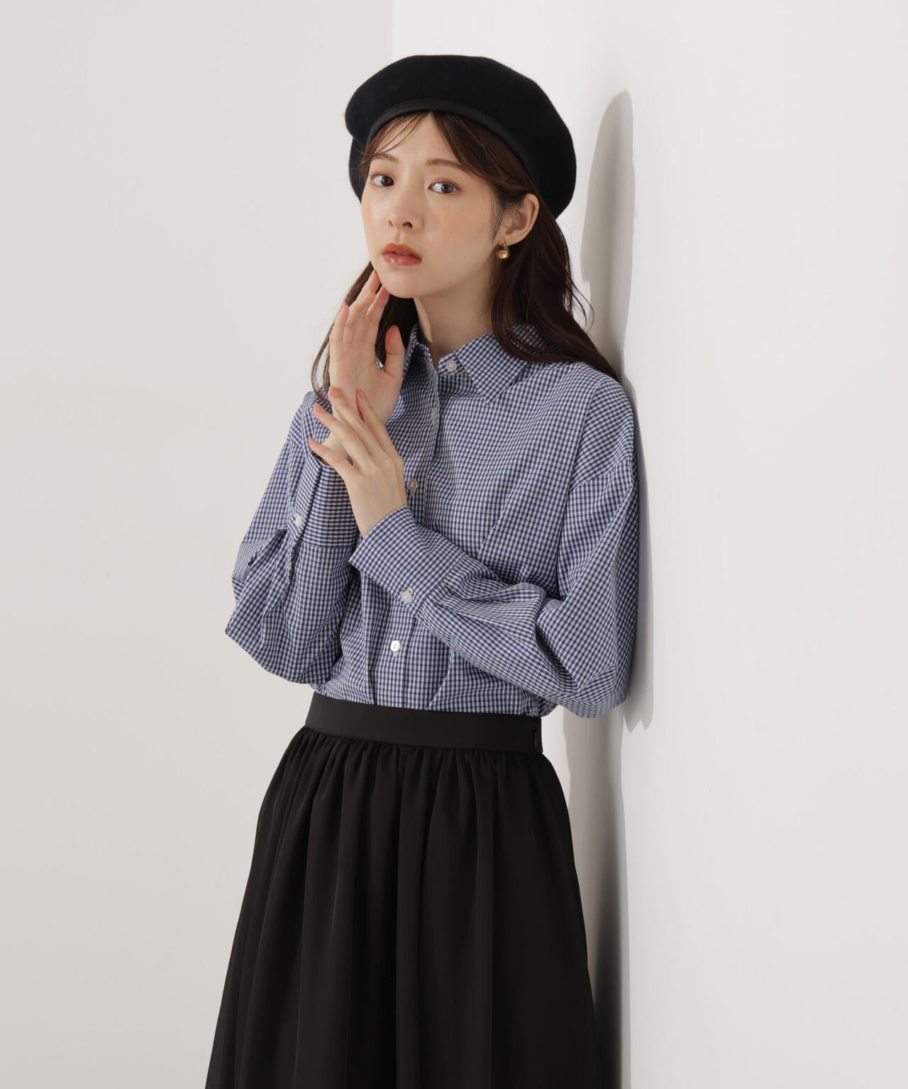 【青島心さん着用】<ウォッシャブル>ベーシックシャツ【ネイビーチェック:WEB限定】