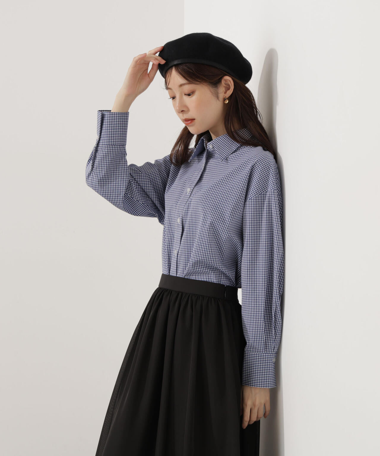 【青島心さん着用】<ウォッシャブル>ベーシックシャツ【ネイビーチェック:WEB限定】