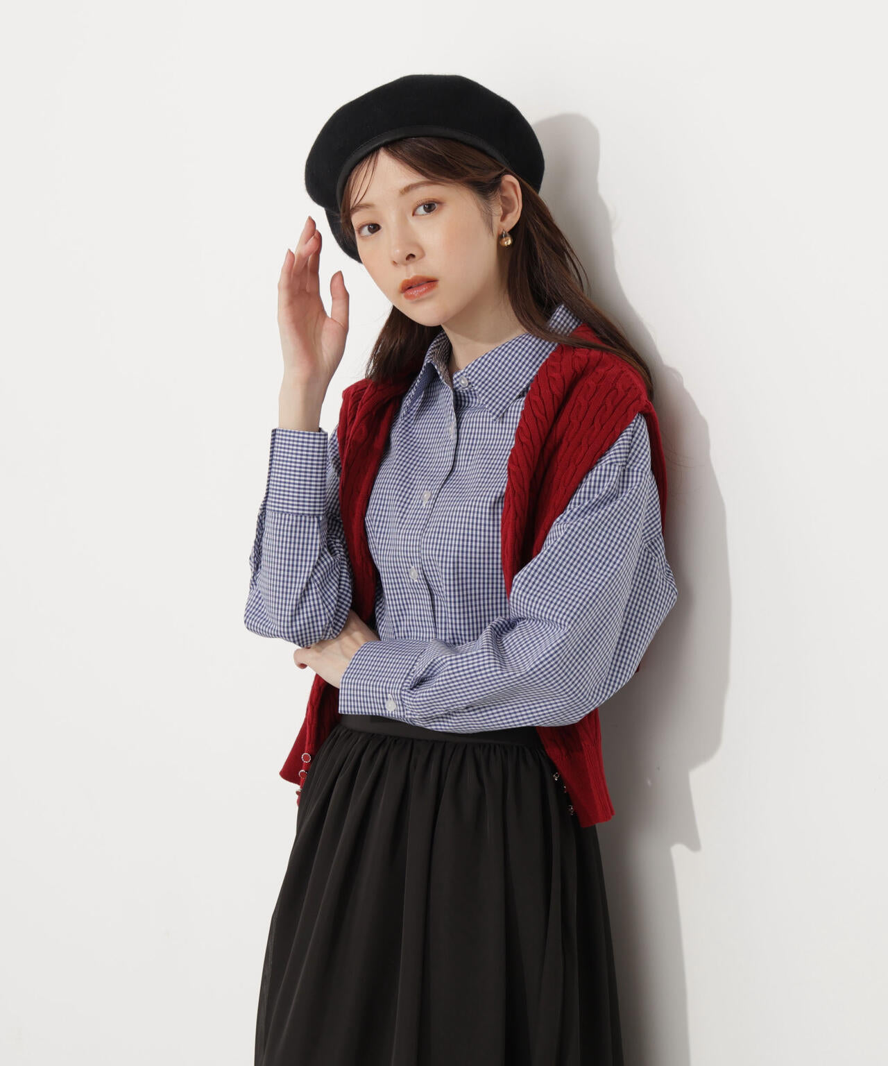 【青島心さん着用】<ウォッシャブル>ベーシックシャツ【ネイビーチェック:WEB限定】