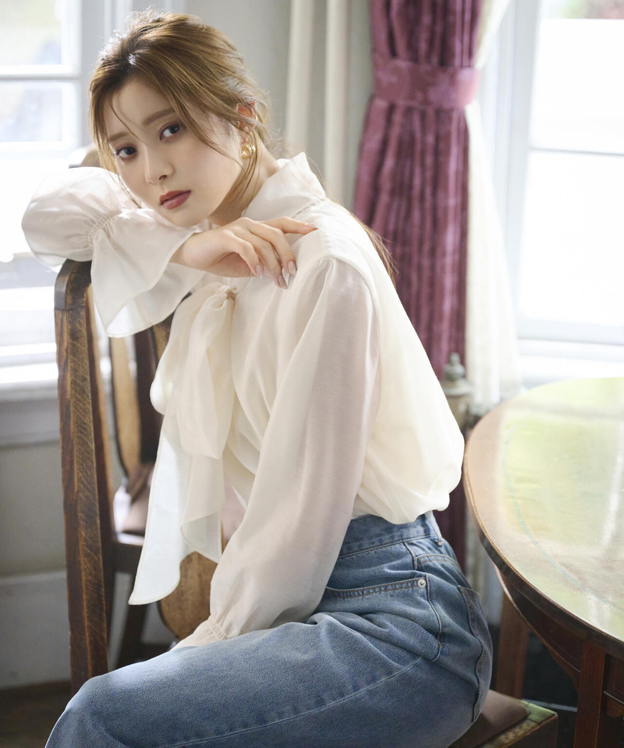 【松川星さん着用】<ウォッシャブル>シアーボウタイブラウス