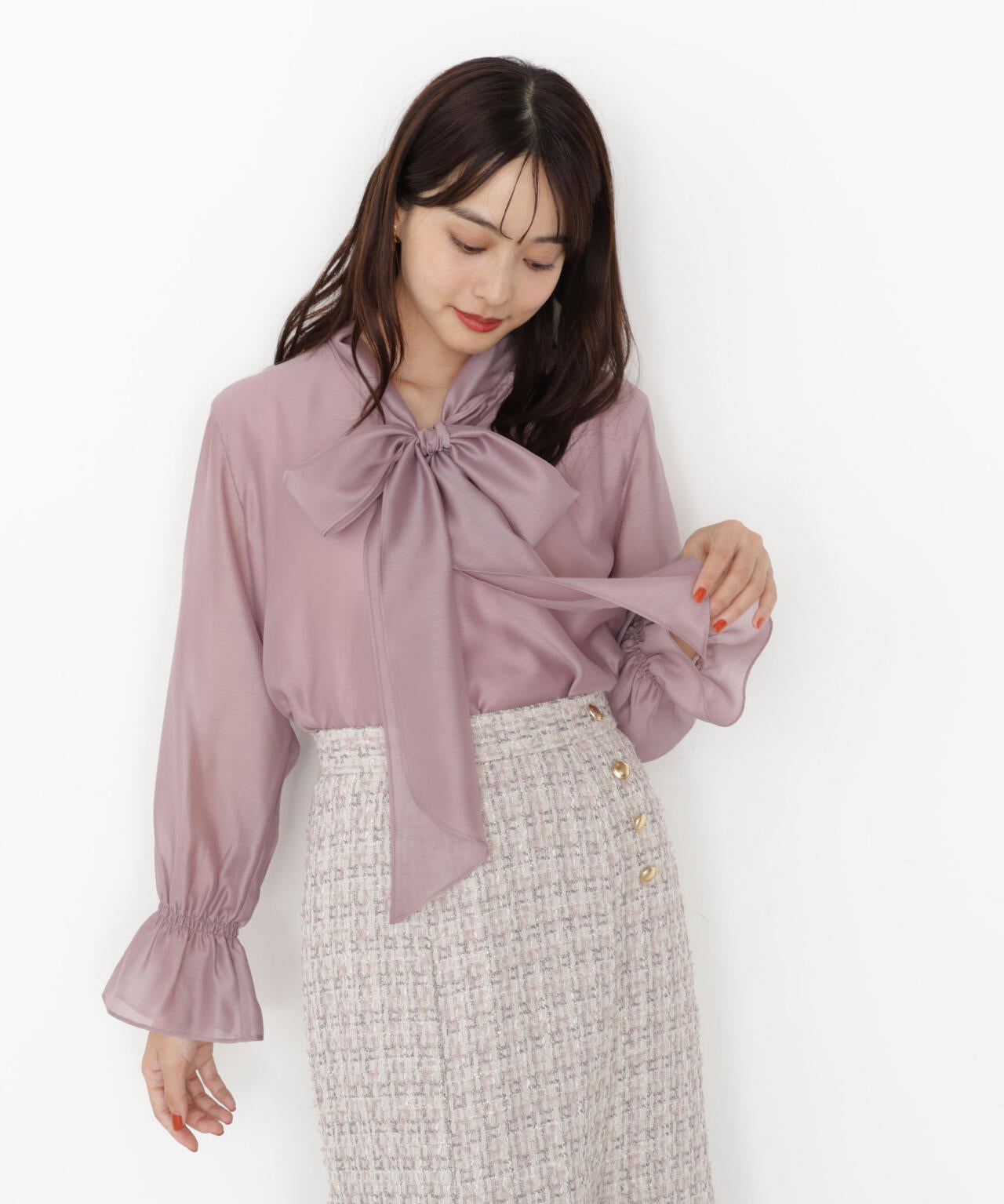 【松川星さん着用】<ウォッシャブル>シアーボウタイブラウス