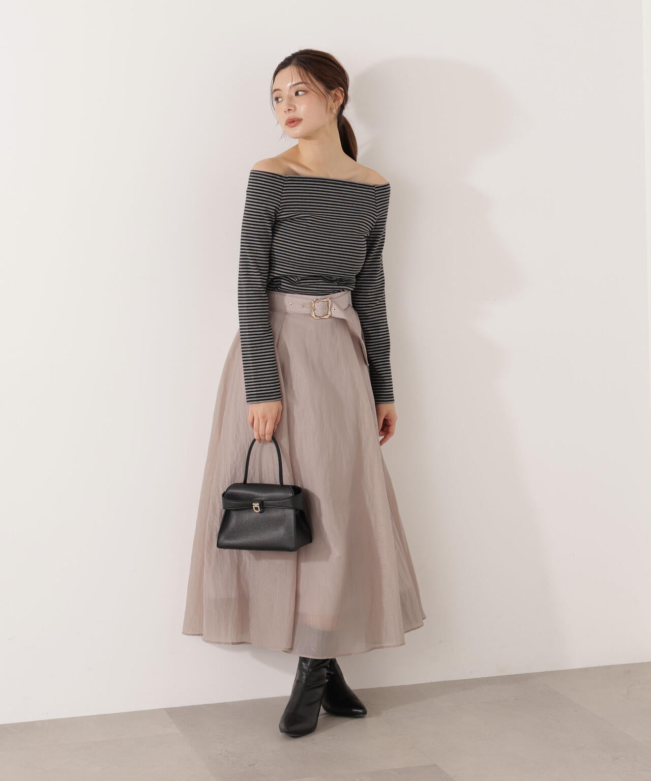 【青島心さん着用】ベルト付きシアーフレアスカート