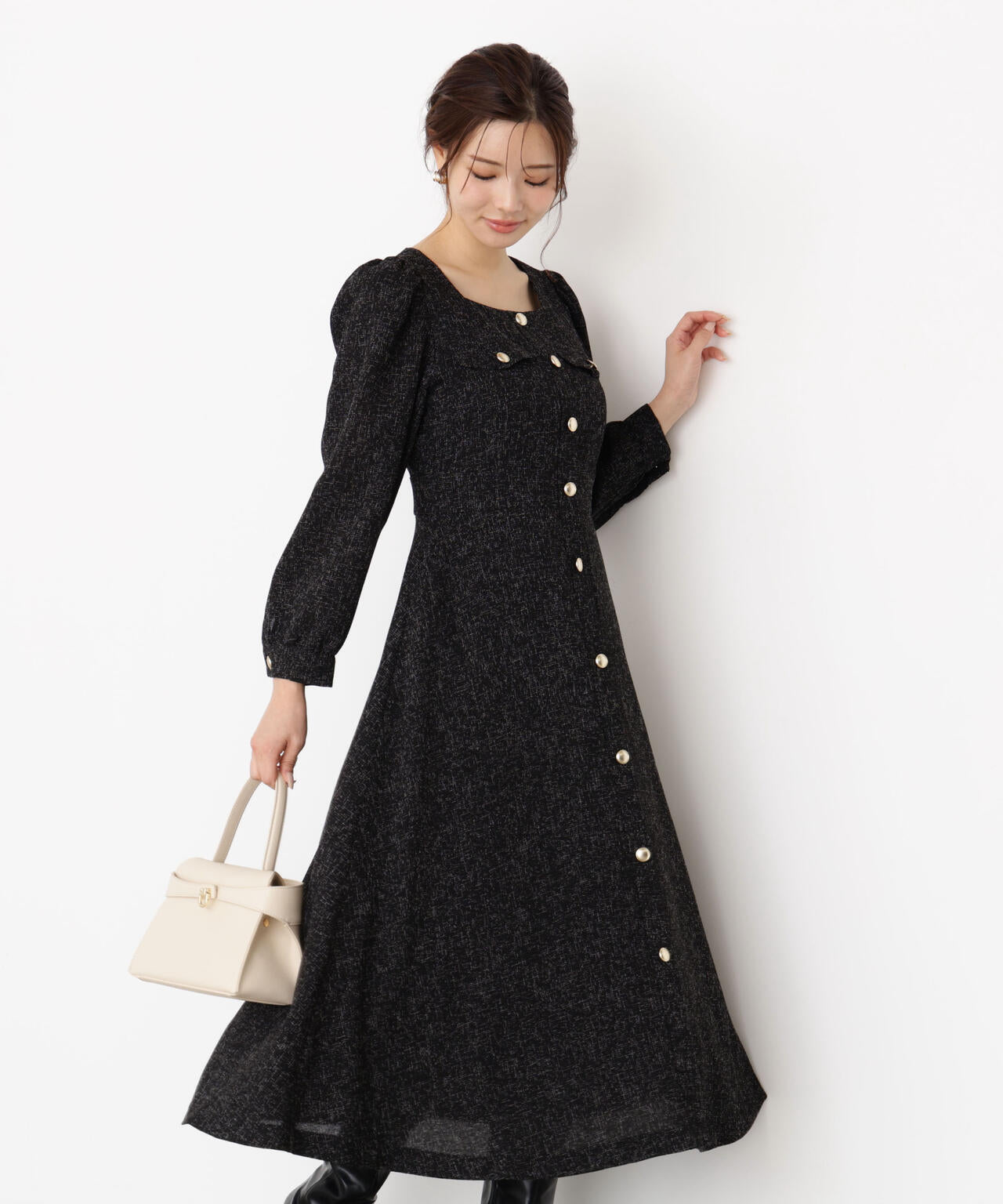 【青島心さん着用】フロント釦ツイードワンピース