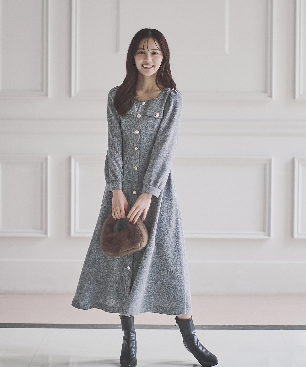 【青島心さん着用】フロント釦ツイードワンピース