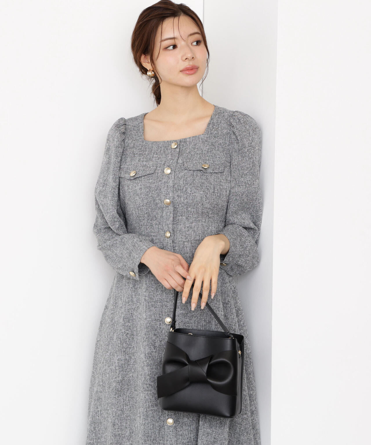 【青島心さん着用】フロント釦ツイードワンピース