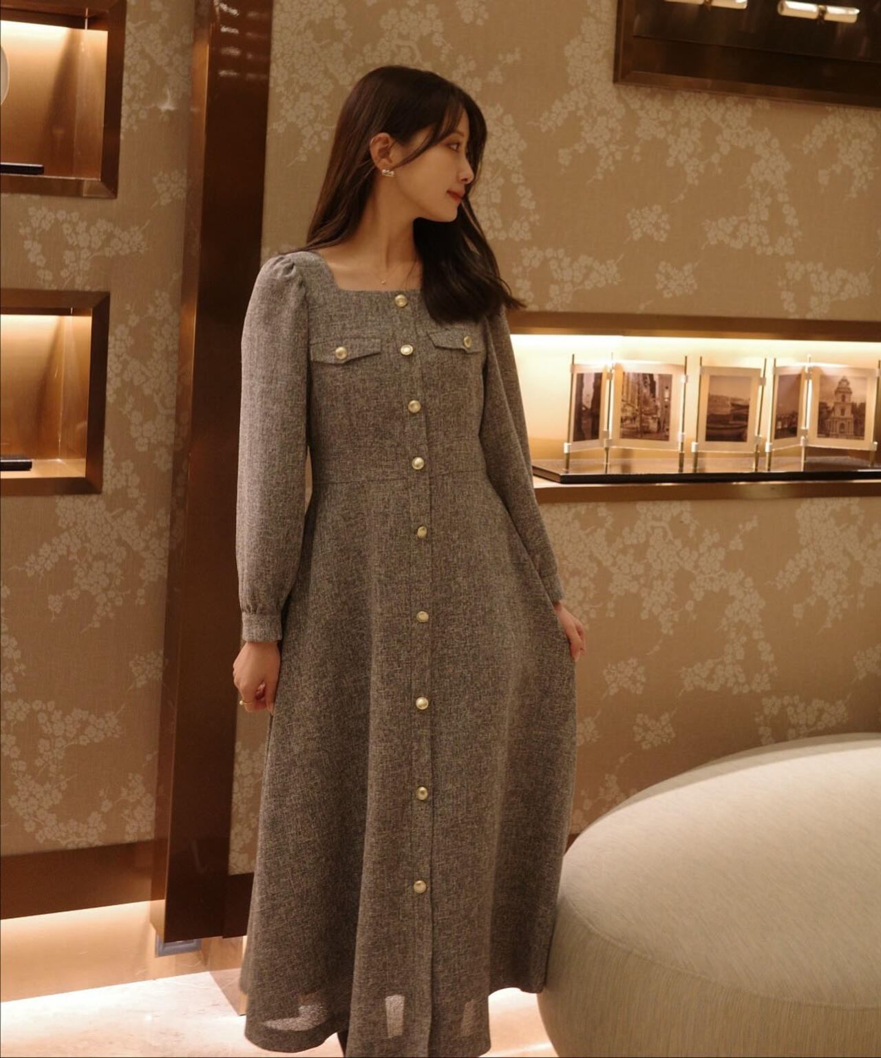 【青島心さん着用】フロント釦ツイードワンピース